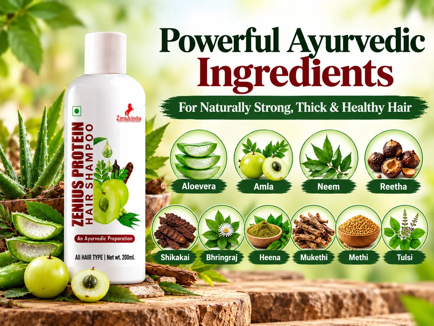 Zenius Protein Hair Shampoo | Hair Fall Control Shampoo for Hair Growth 4 Ayurvedic Ingredients Hair Shampoo Banner Zenius India