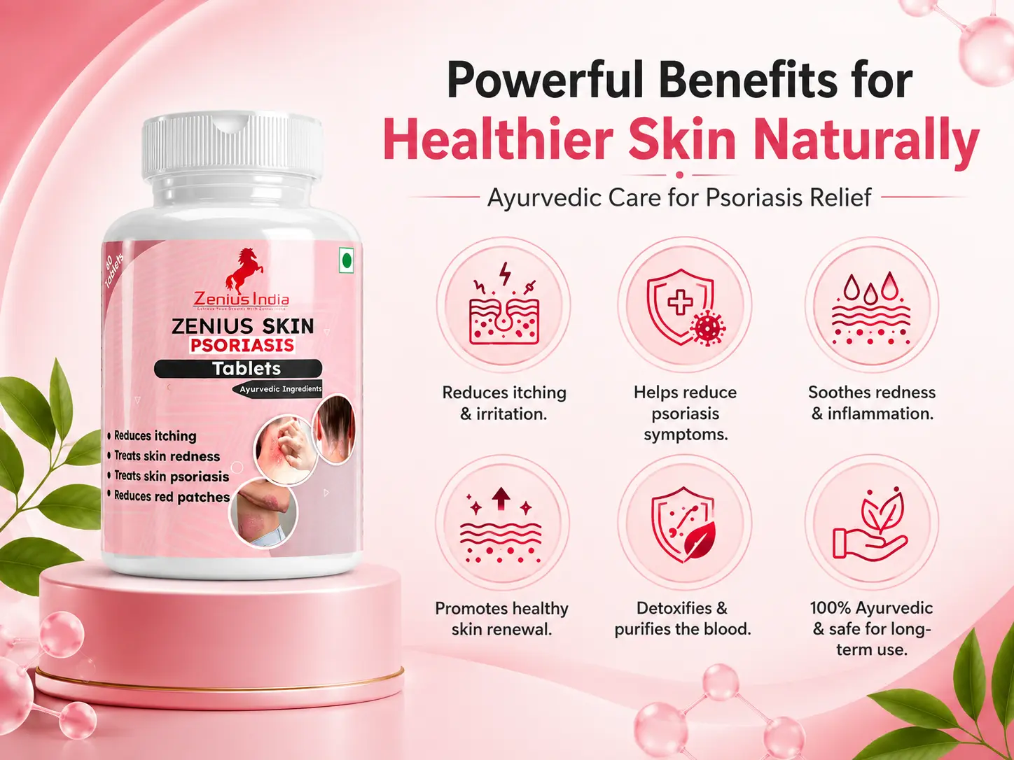 Zenius Skin Psoriasis Care Tablet for Skin Allergies and Rashes 3 Benefits Banner Mobile View 1 3 Zenius India