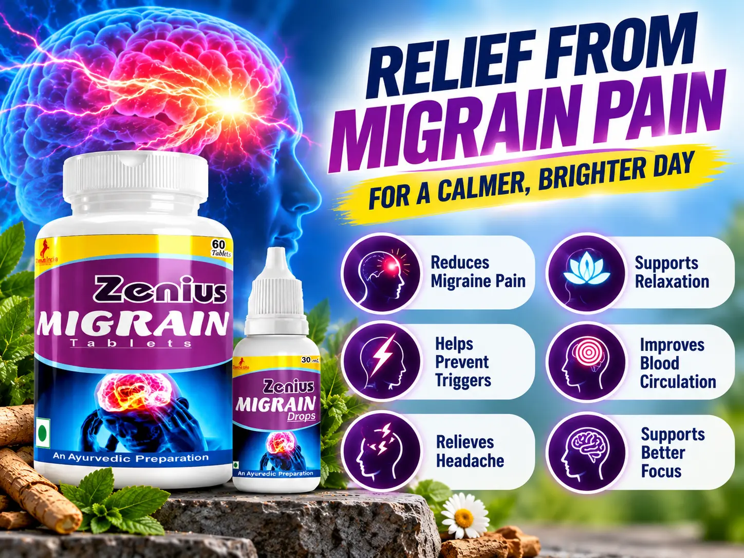 Zenius Migrain Kit | Ayurvedic Migraine Medicine for Headache Relief 3 Benefits Banner Mobile View 1 5 Zenius India