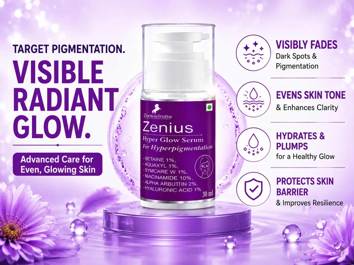 Zenius Hyper Glow Serum – Best Serum for Pigmentation & Dark Spots | 10% Niacinamide 3 Benefits Banner Mobile View 1 Zenius India