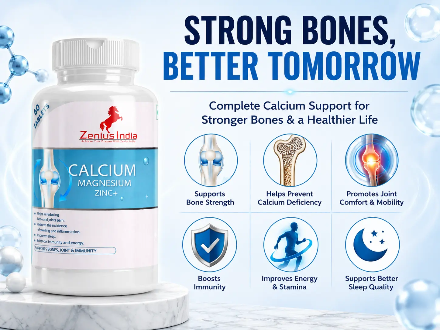 Zenius Calcium Tablet for Bone Health & Calcium Support 3 Benefits Banner Mobile View 100 Zenius India
