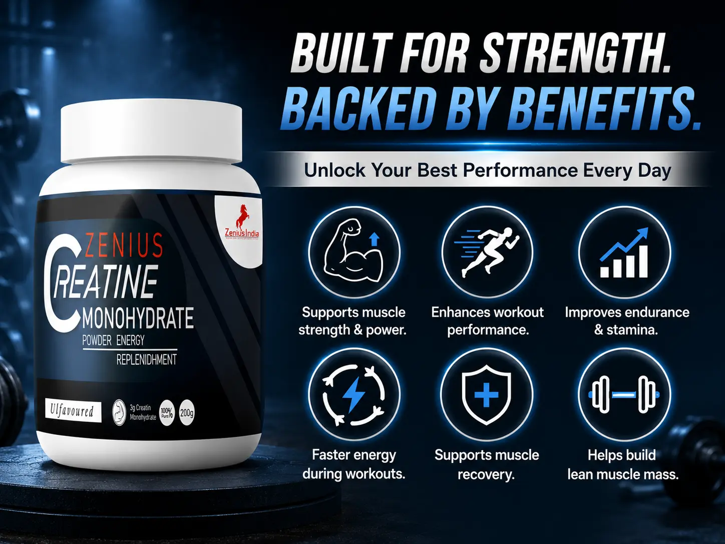 Zenius Creatine Monohydrate Powder for Pre-Workout & Fitness 3 Benefits Banner Mobile View 102 Zenius India