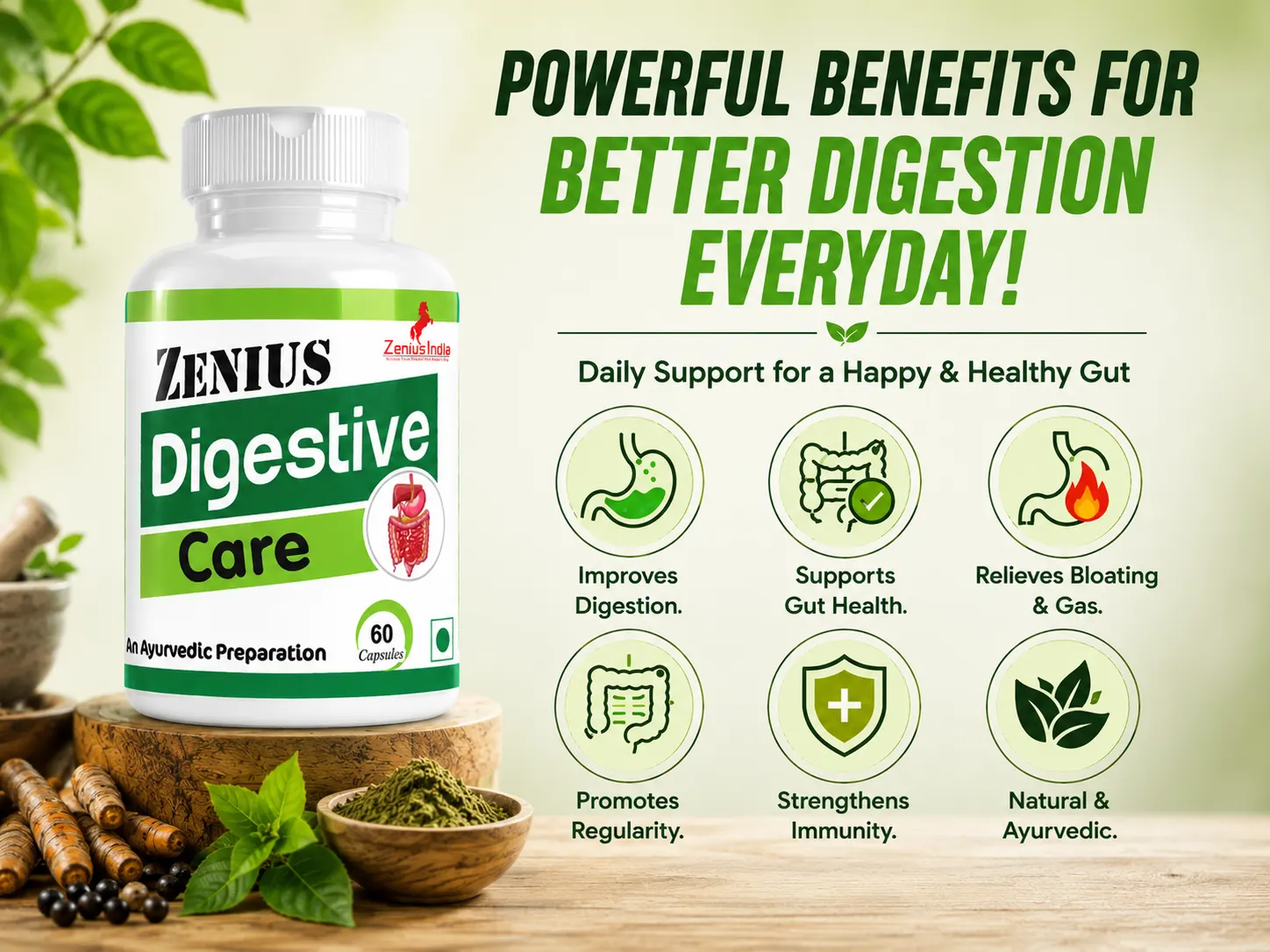 Zenius Digestive Care Capsule for Digestion & Gut Health 3 Benefits Banner Mobile View 105 Zenius India