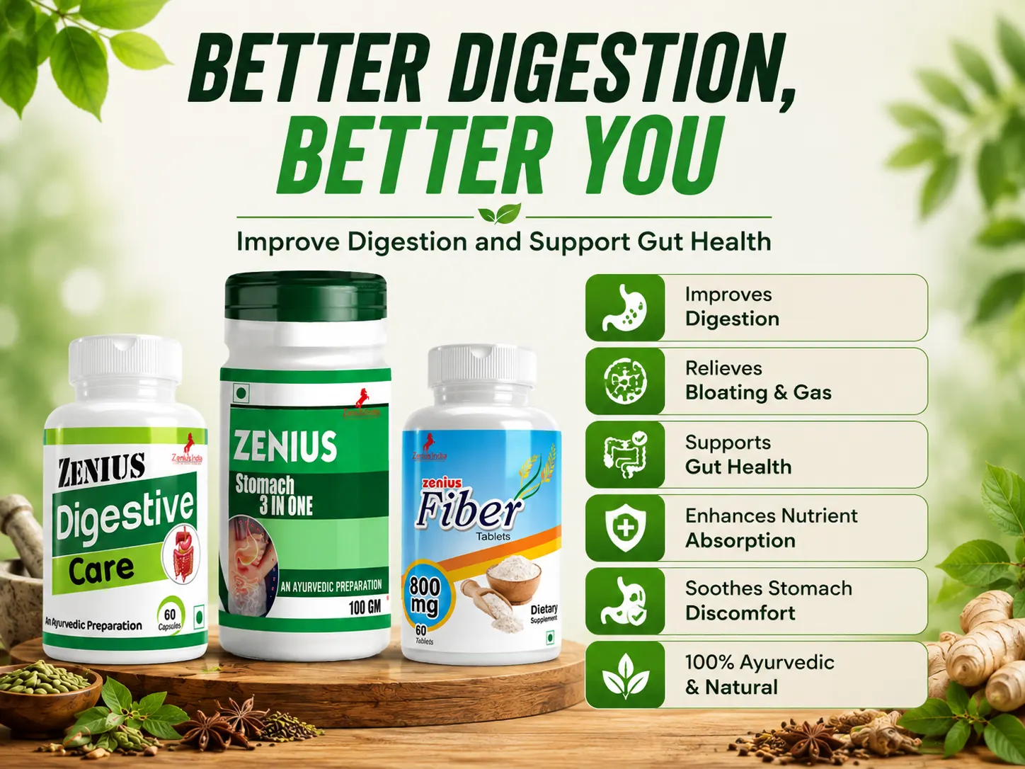 Zenius Digestive Care Kit for Gut Health & Digestion Support 3 Benefits Banner Mobile View 106 Zenius India