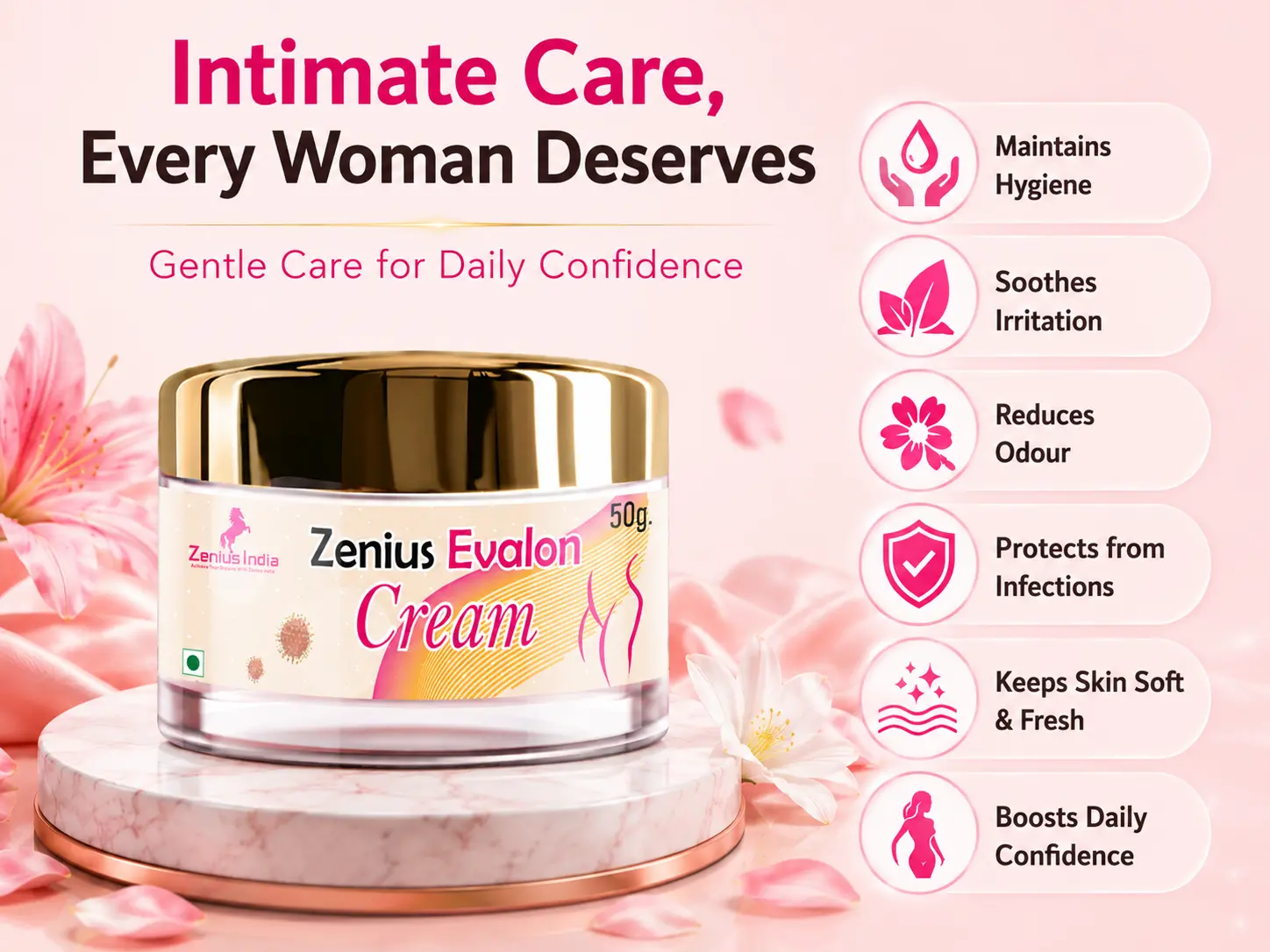 Zenius Evalon Cream for Women for Personal Hygiene 3 Benefits Banner Mobile View 108 Zenius India