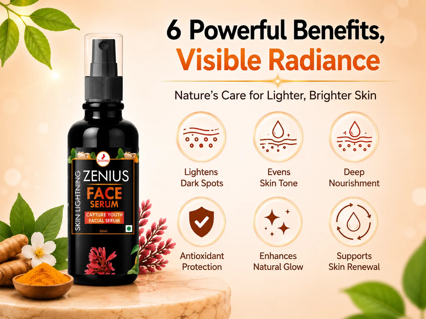 Zenius Skin Lightening Face Serum for Glowing & Hydrated Skin 3 Benefits Banner Mobile View 111 Zenius India