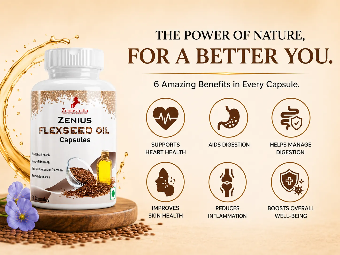 Zenius flaxseed Oil Capsules for Heart, Skin, Hair & Joint Health 3 Benefits Banner Mobile View 114 Zenius India