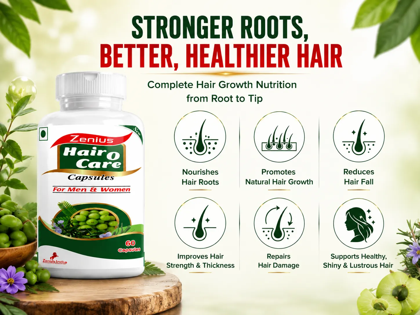 Zenius Hair O Care Capsule for Hair Growth & Hair Fall Support 3 Benefits Banner Mobile View 116 Zenius India