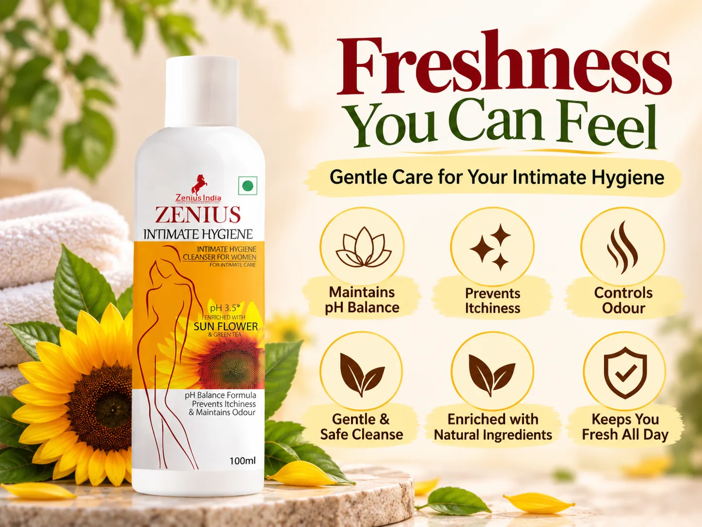Zenius Intimate Hygiene Wash for Women Daily Hygiene 3 Benefits Banner Mobile View 123 Zenius India