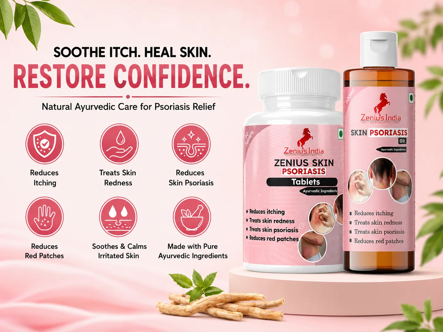 Zenius Skin Psoriasis Kit with Tablets & Psoriasis Oil for Skin Allergy 3 Benefits Banner Mobile View 13 Zenius India