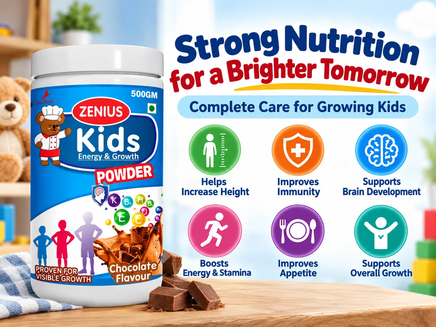 Zenius Kids Growth Powder for Kids Nutrition, Growth & Immunity 3 Benefits Banner Mobile View 130 Zenius India