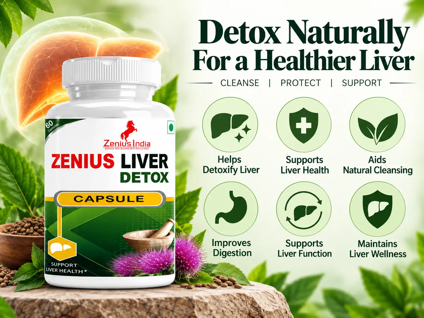 Zenius Liver Detox Capsule for Liver Health & Liver Detoxification 3 Benefits Banner Mobile View 132 Zenius India