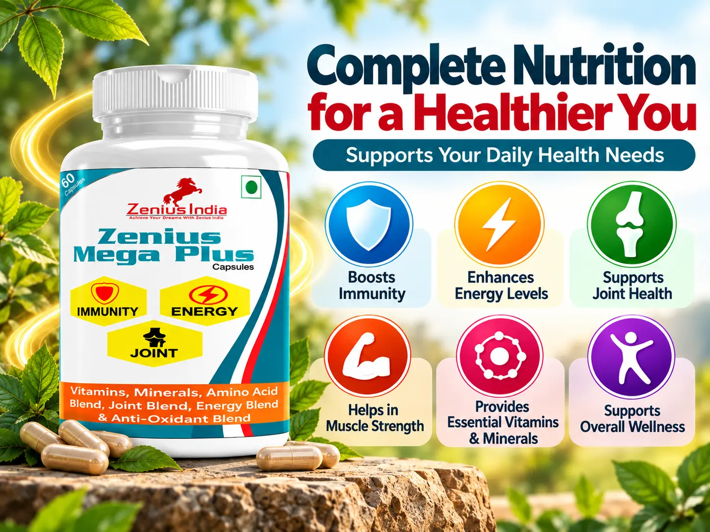 Zenius Mega Plus Capsule for Immunity, Energy & Joint Health 3 Benefits Banner Mobile View 133 Zenius India