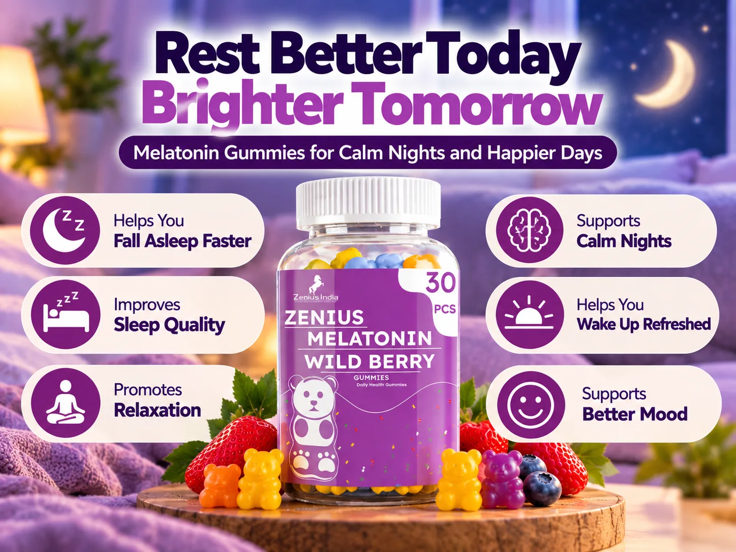 Zenius Melatonin Wild Berry Sleep Gummies for Quality Sleep 3 Benefits Banner Mobile View 134 Zenius India
