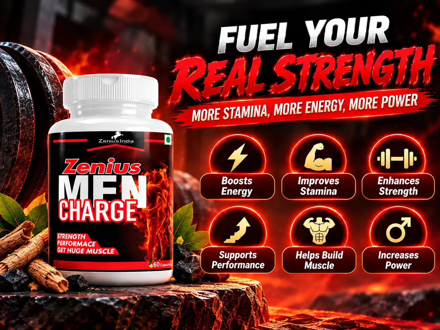 Zenius Men Charge Capsule for Male Vitality, Stamina & Energy 3 Benefits Banner Mobile View 135 Zenius India