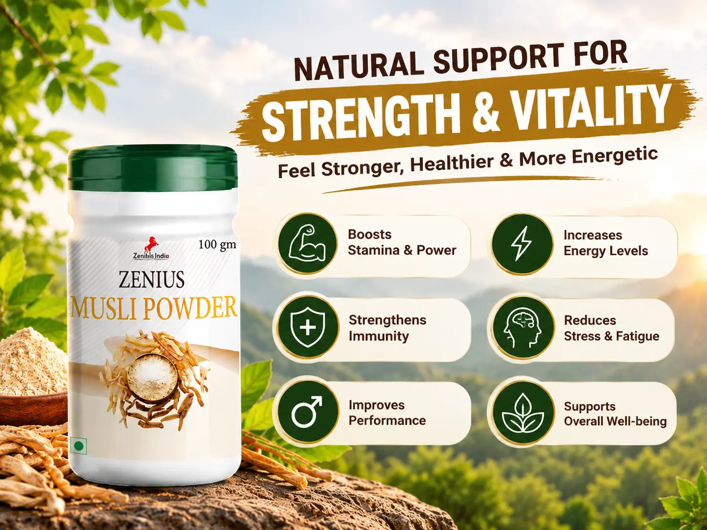 Zenius Musli Powder for Men’s Strength, Energy & Power 3 Benefits Banner Mobile View 137 Zenius India