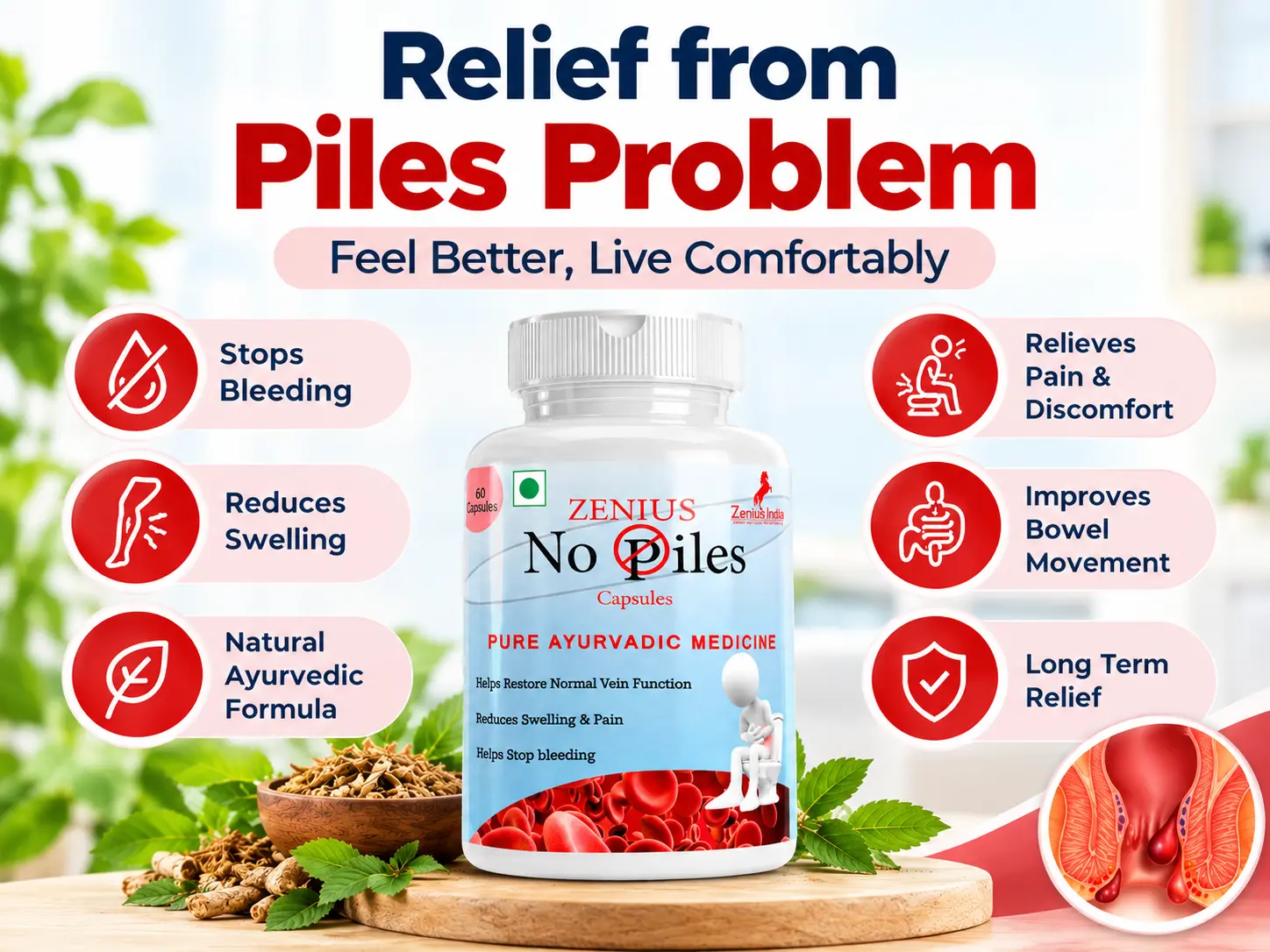 Zenius No Piles Capsule | Ayurvedic Medicine for Hemorrhoids & Natural Relief 3 Benefits Banner Mobile View 138 Zenius India