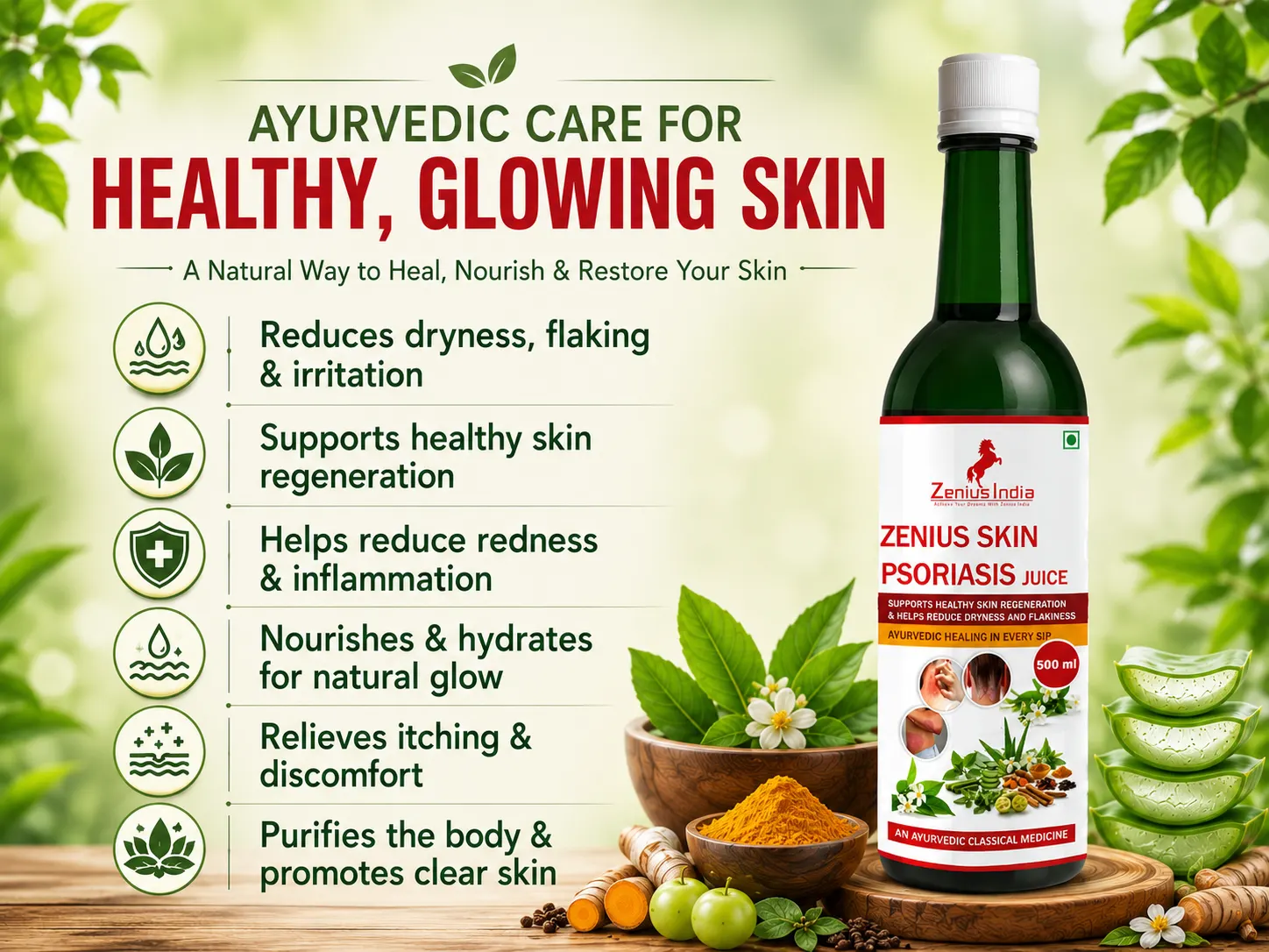 Zenius Skin Psoriasis Juice for Skin Rashes & Allergies 3 Benefits Banner Mobile View 14 Zenius India