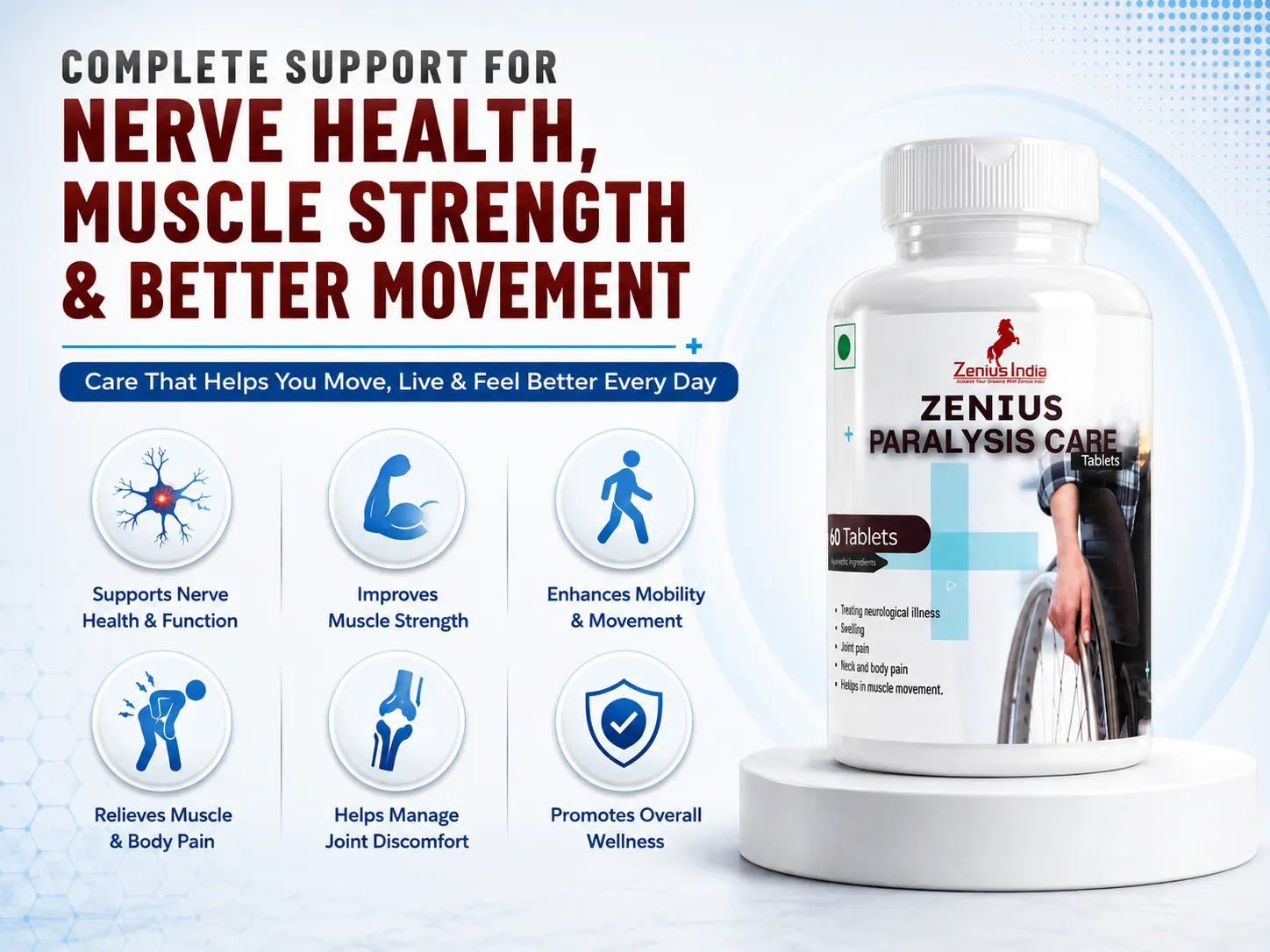 Zenius Paralysis Care Tablet with for Joint Support & Muscle Mobility 3 Benefits Banner Mobile View 19 Zenius India