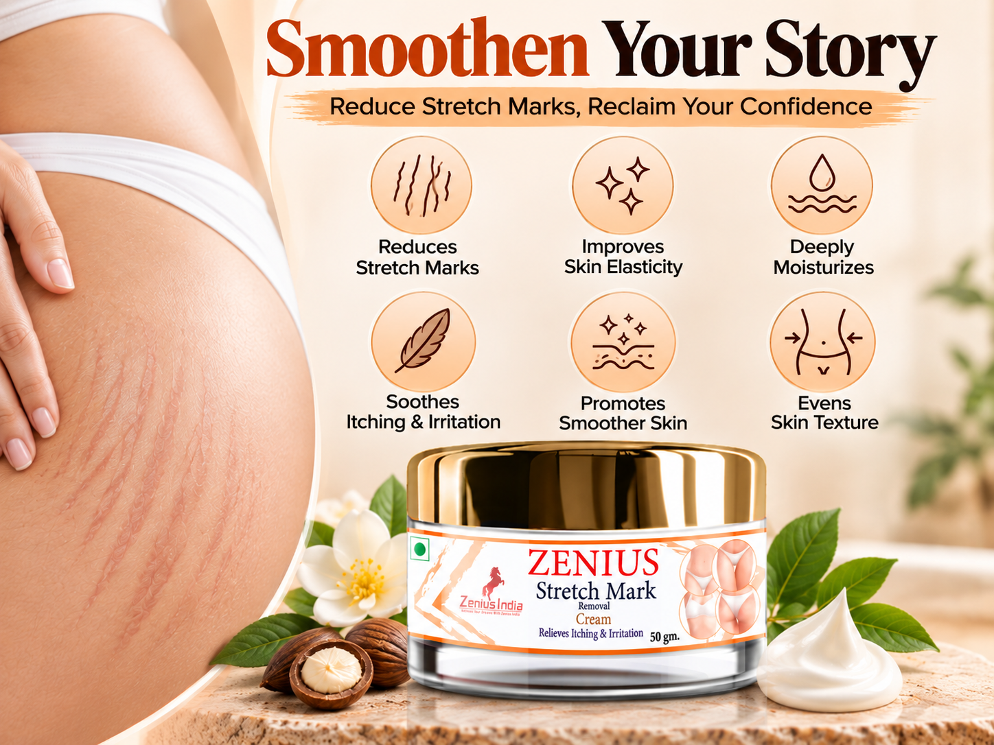 Zenius Stretch Mark Cream for Skin Elasticity & Reduce Marks 3 Benefits Banner Mobile View 2 Zenius India