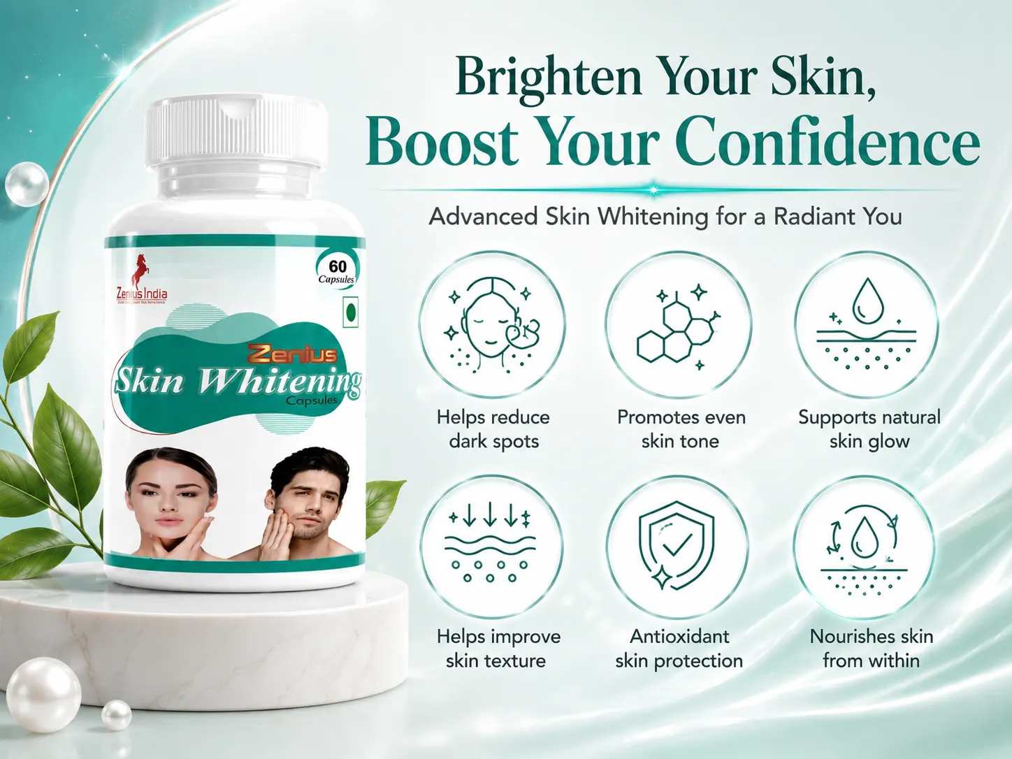 Zenius Skin Whitening Capsule with Vitamin C, Biotin, Zinc & Copper 3 Benefits Banner Mobile View 22 Zenius India