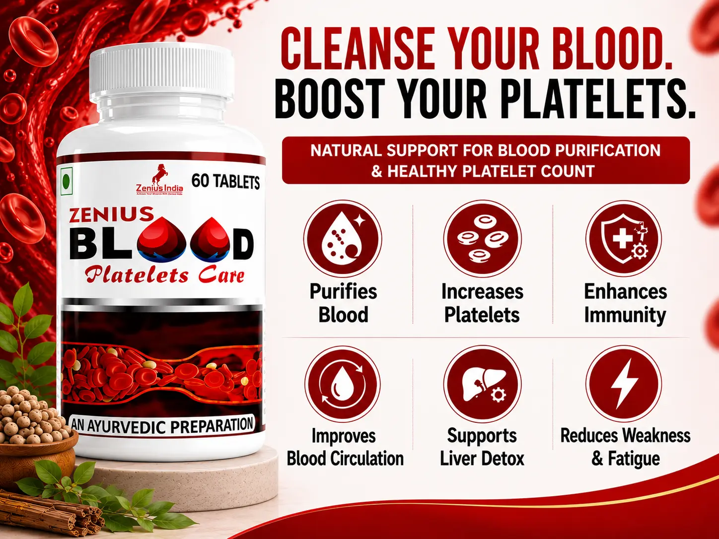 Zenius Blood Platelets Care Tablet for Blood Purification 3 Benefits Banner Mobile View 27 Zenius India