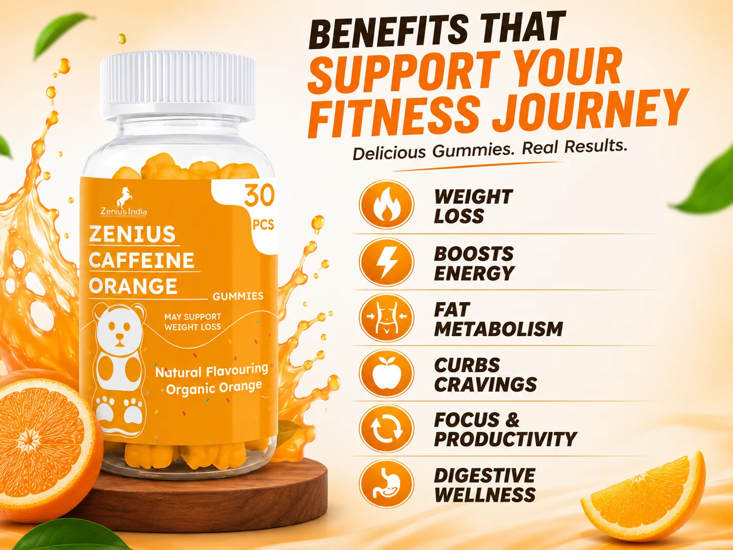 Zenius Caffeine Orange Gummies for Weight Control 3 Benefits Banner Mobile View 29 Zenius India