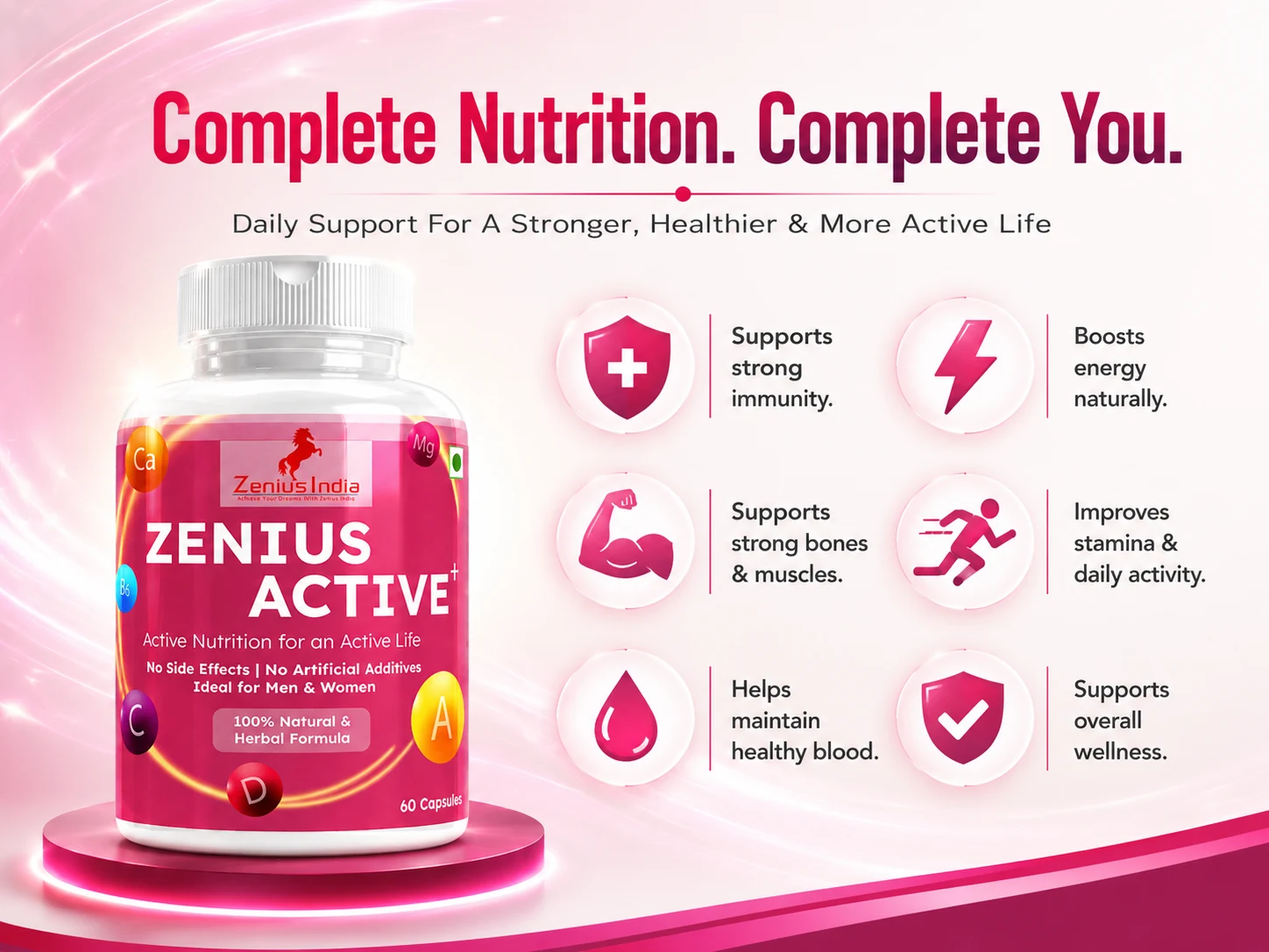Zenius Active+ Multivitamin Capsules for Immunity, Skin, Hair & Joint Support 3 Benefits Banner Mobile View 3 Zenius India