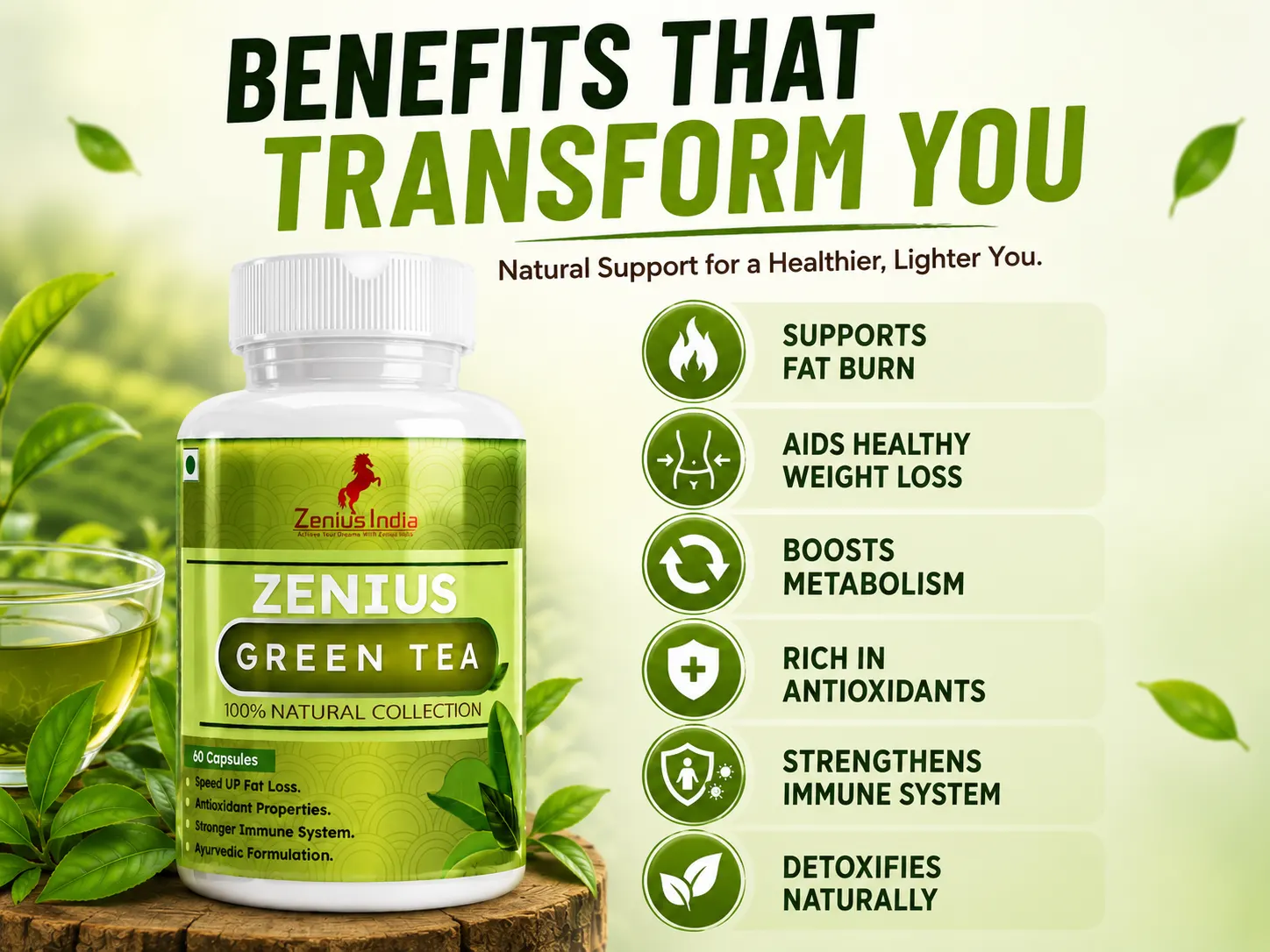 Zenius Green Tea Capsule for Weight Management Support 3 Benefits Banner Mobile View 34 Zenius India