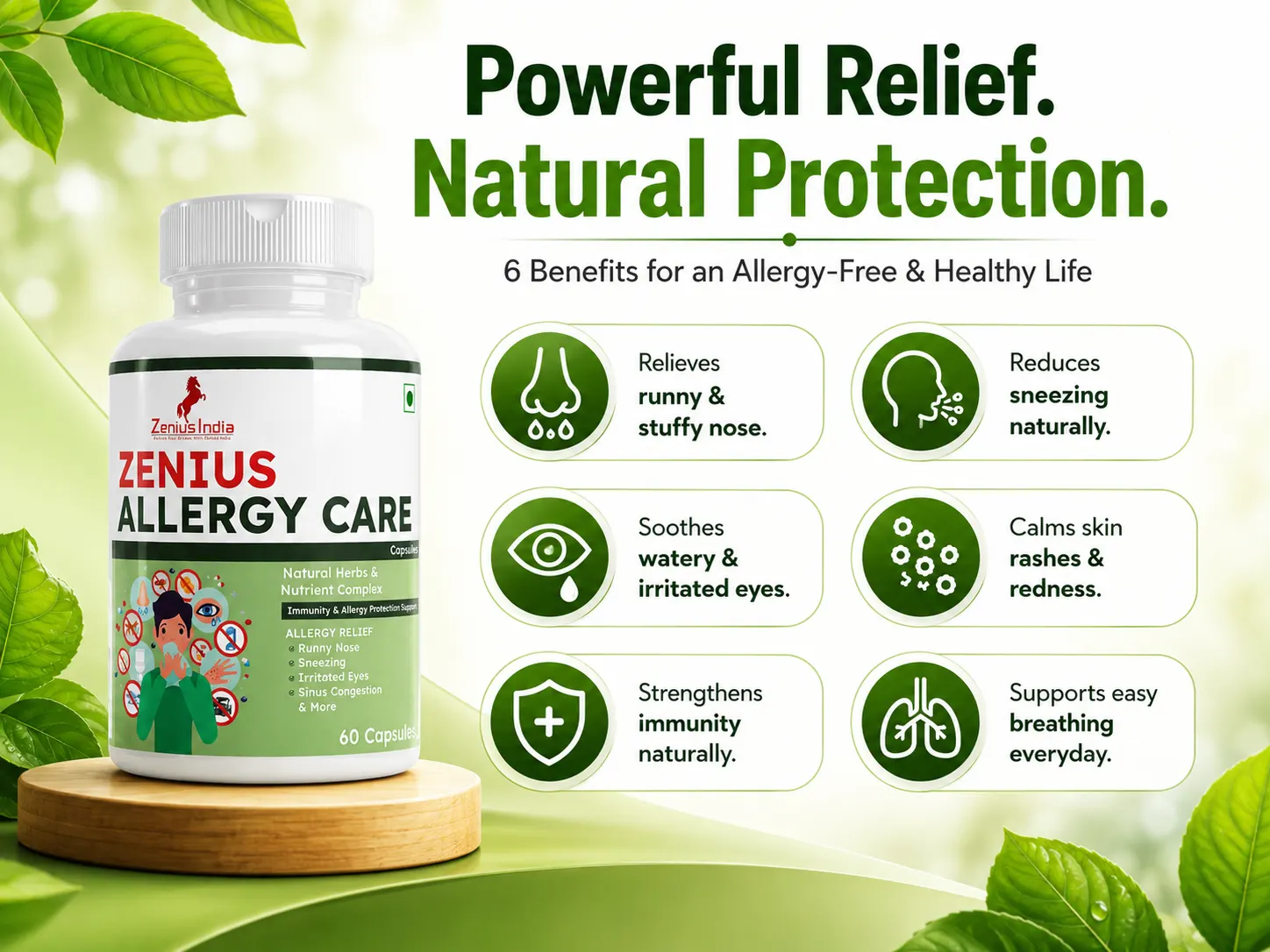 Zenius Allergy Capsule for Skin Allergy, Sneezing & Watery Eyes 3 Benefits Banner Mobile View 4 Zenius India