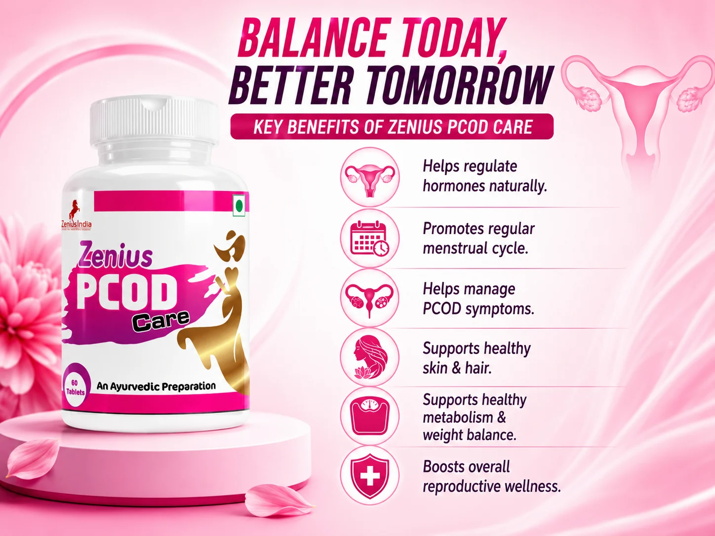 Zenius PCOD Care Tablet for Hormonal & Period Support 3 Benefits Banner Mobile View 43 Zenius India