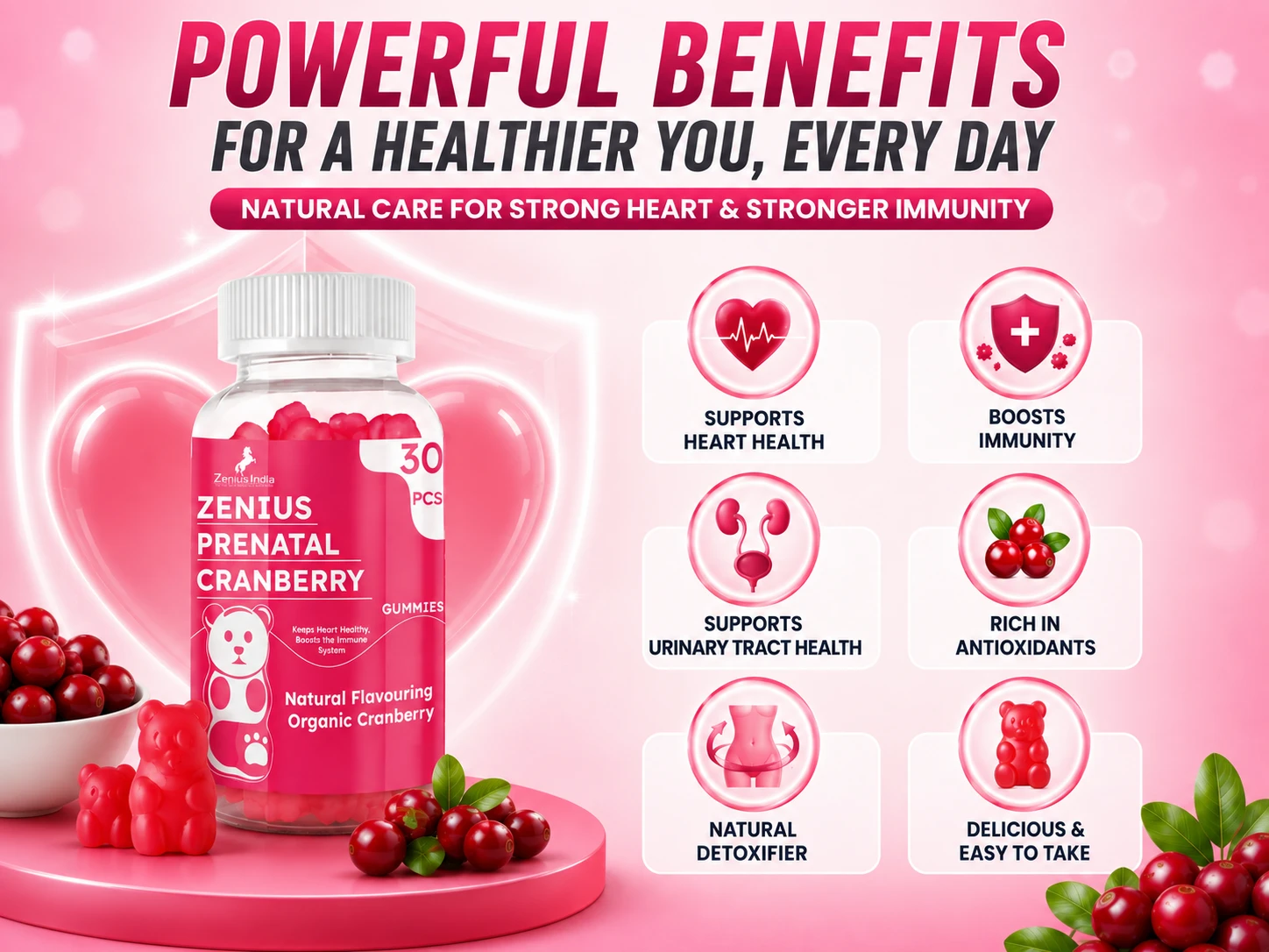 Zenius Prenatal Cranberry Gummies with Vitamins & Minerals for Immunity 3 Benefits Banner Mobile View 44 Zenius India