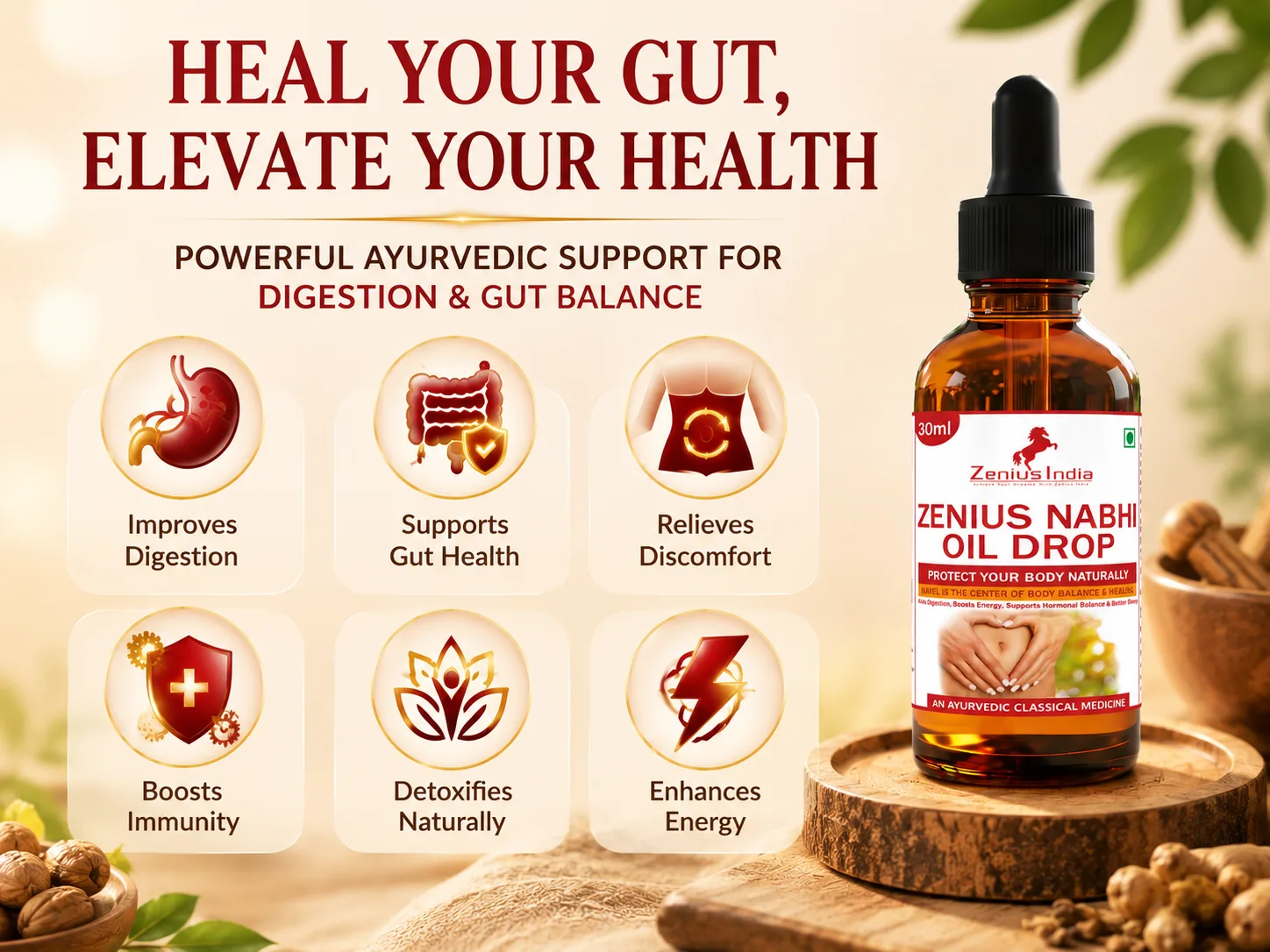 Zenius Nabhi Oil Drop for Belly Button & Gut Wellness 3 Benefits Banner Mobile View 47 Zenius India