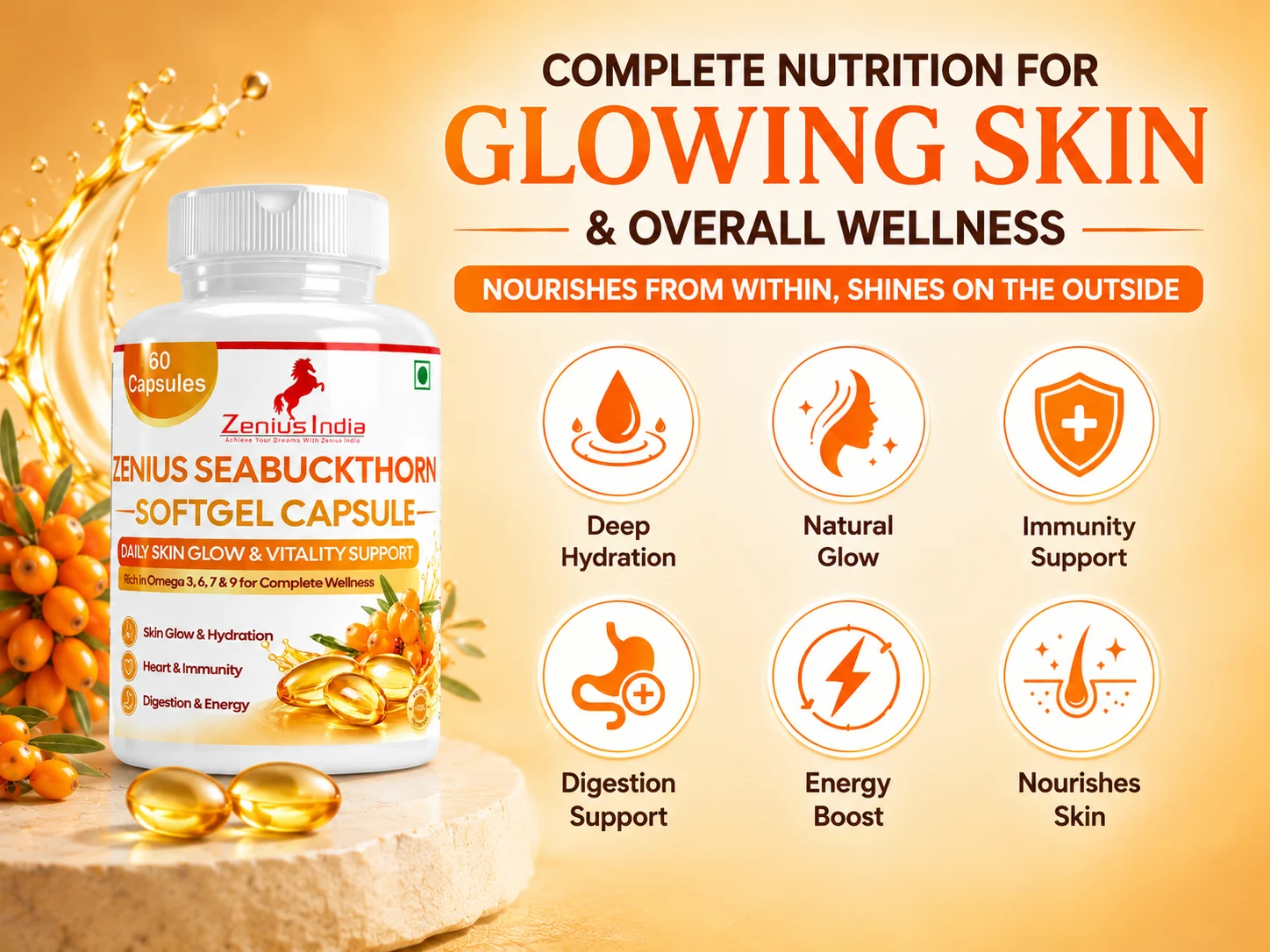 Zenius Sea buckthorn Soft gel capsule for Glowing & Bright Skin 3 Benefits Banner Mobile View 50 Zenius India