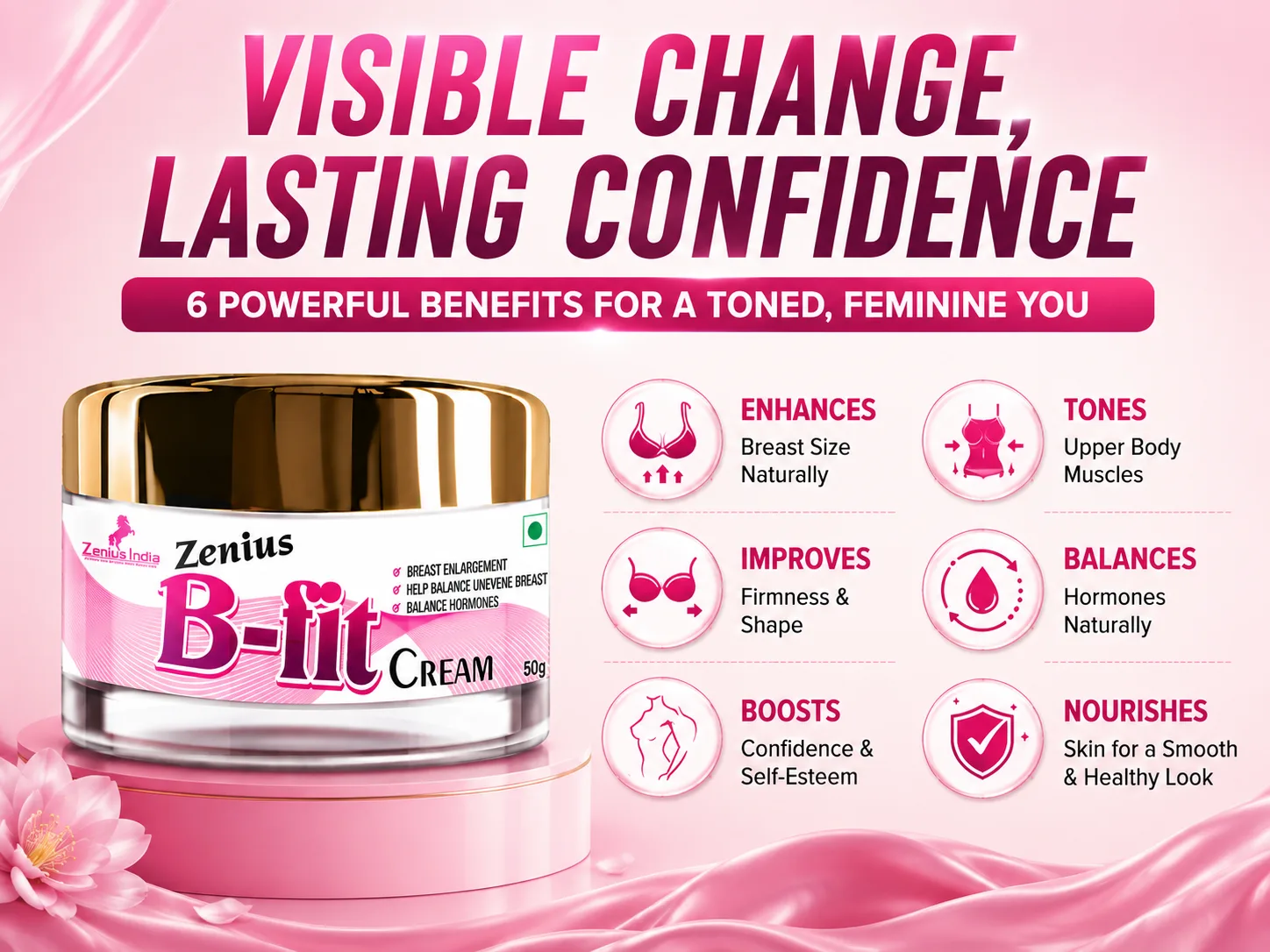 Zenius B Fit Cream for Women's Upper Body Care & Massage 3 Benefits Banner Mobile View 53 Zenius India
