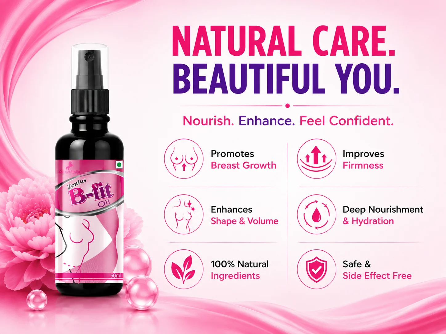 Zenius B Fit Oil for Women's Upper Body Massage & Care 3 Benefits Banner Mobile View 54 Zenius India