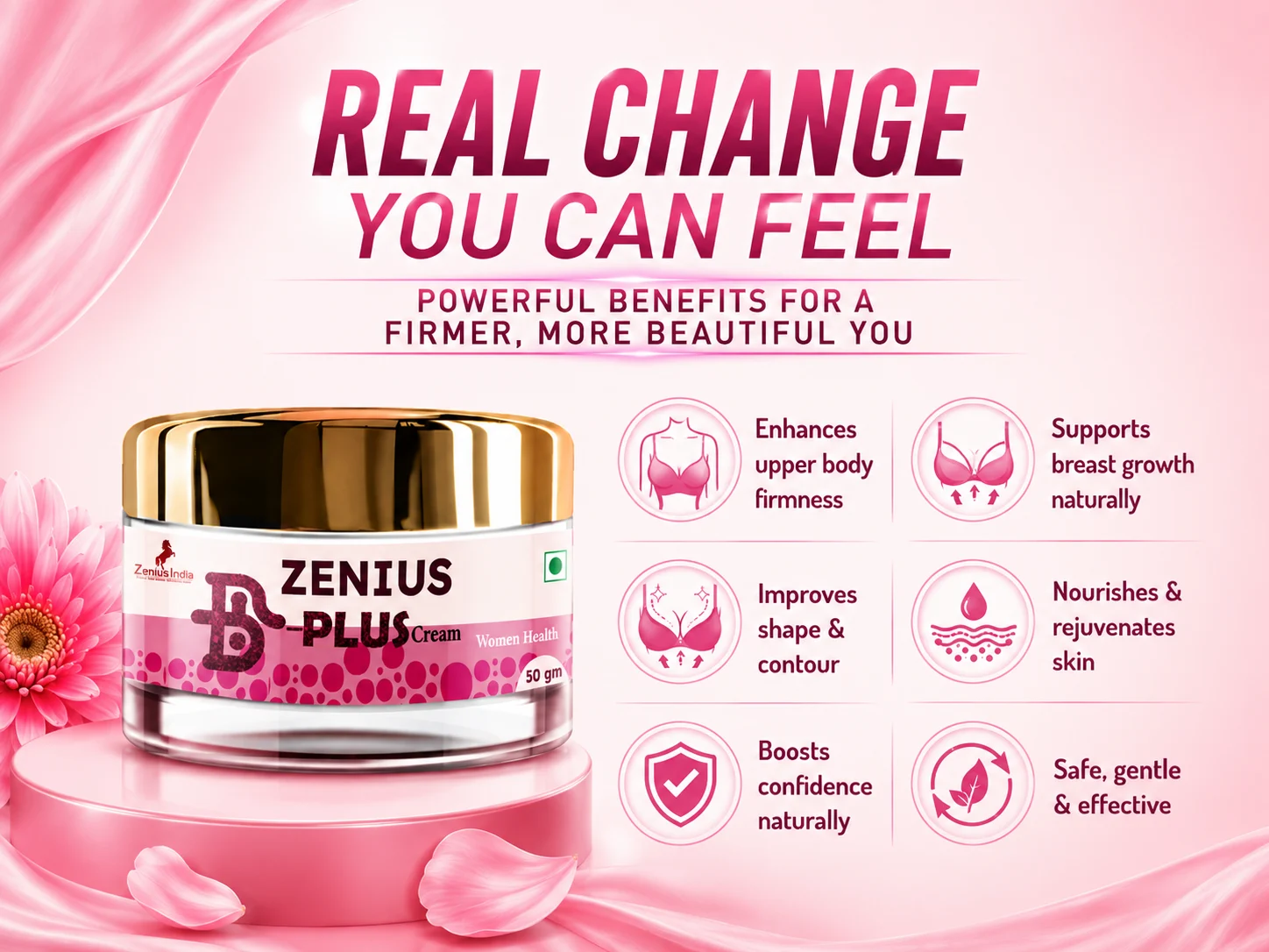 Zenius B Plus Cream for Women's Upper Body Tone 3 Benefits Banner Mobile View 56 Zenius India