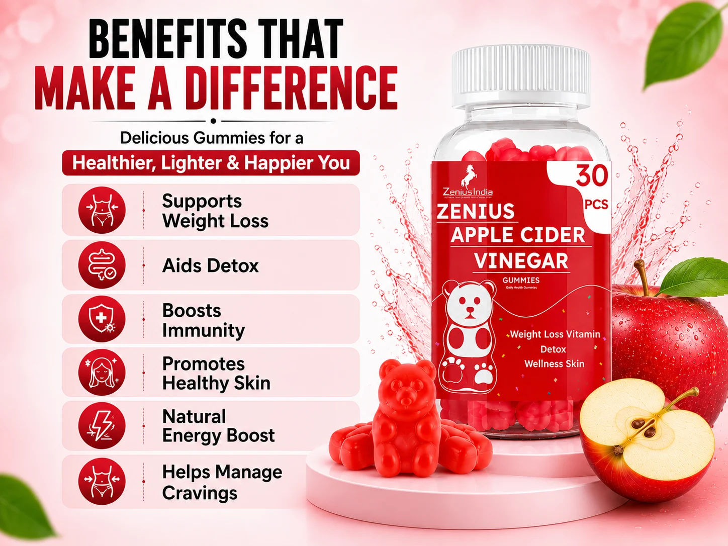 Zenius Apple Cider Vinegar Red Apple Gummies with The Mother for Weight Loss 3 Benefits Banner Mobile View 6 Zenius India