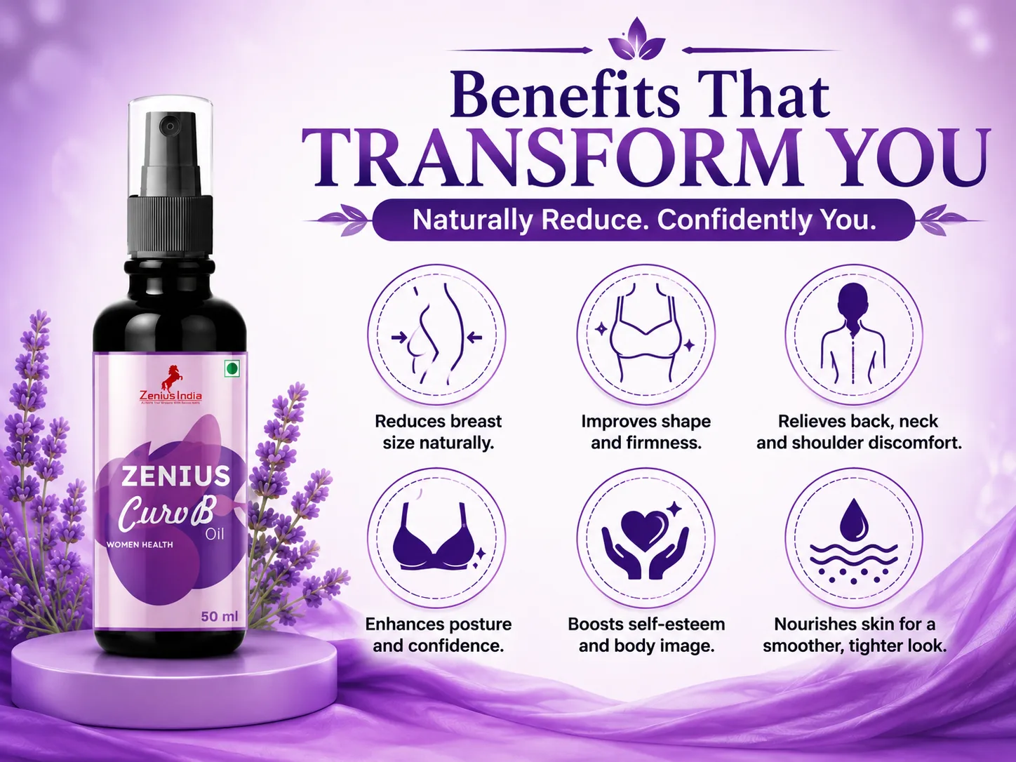 Zenius Curv B Oil for Women's Breast & Body Massage 3 Benefits Banner Mobile View 66 Zenius India