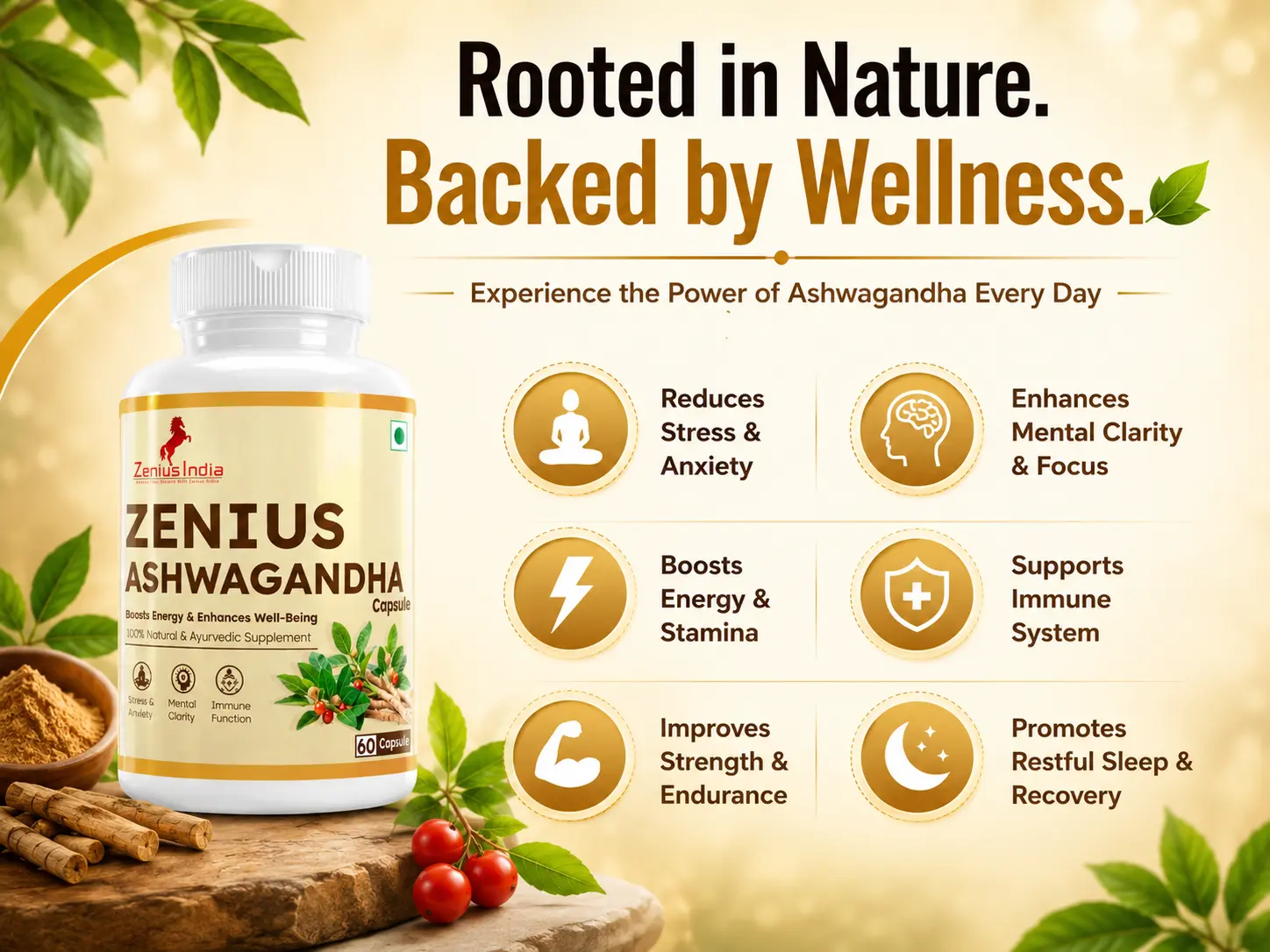 Zenius Ashwagandha Capsule for Stress Relief, Energy & Daily Wellness 3 Benefits Banner Mobile View 7 Zenius India