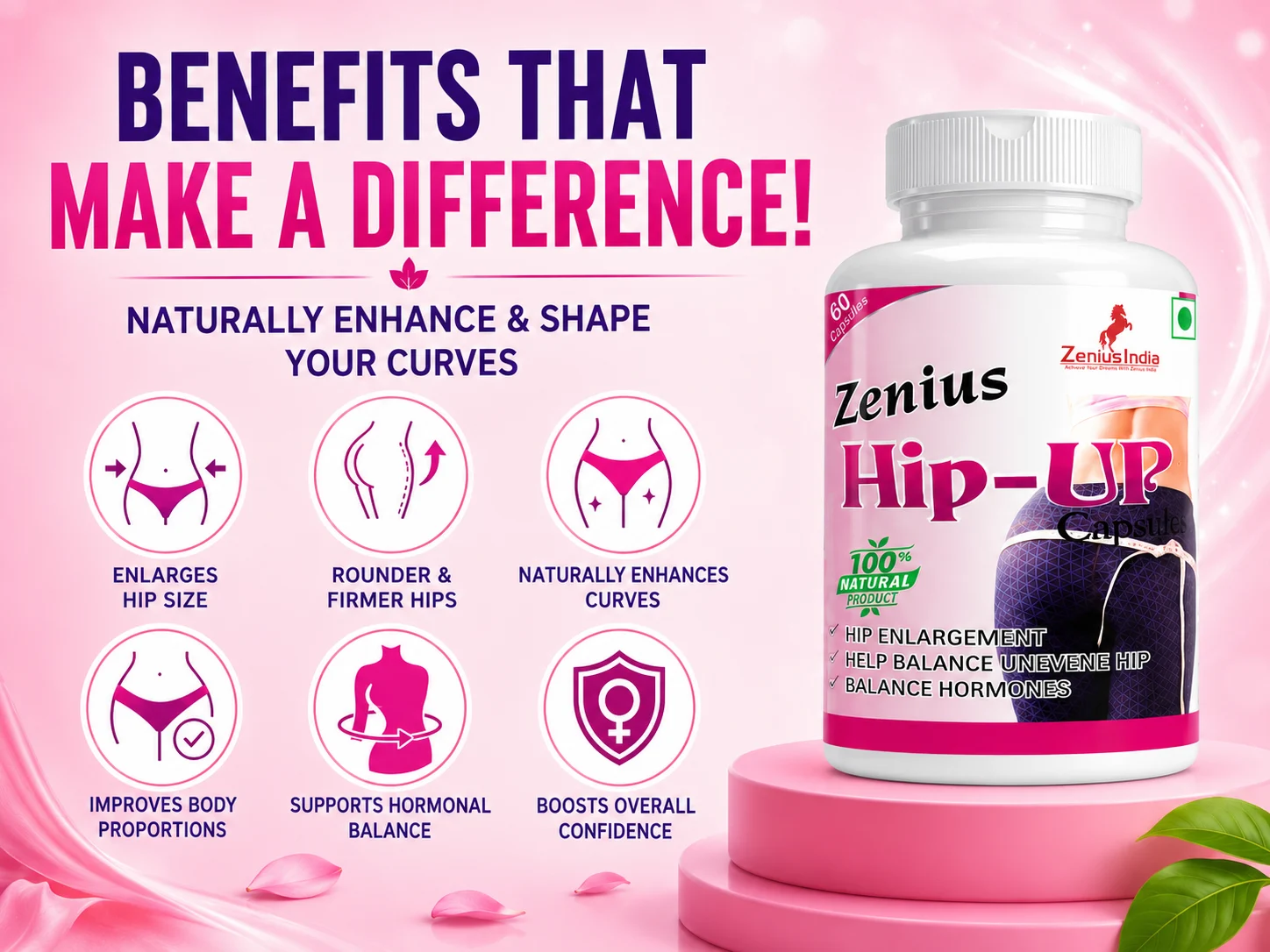 Zenius Hip Up Capsule for Women's Hip Growth 3 Benefits Banner Mobile View 75 Zenius India