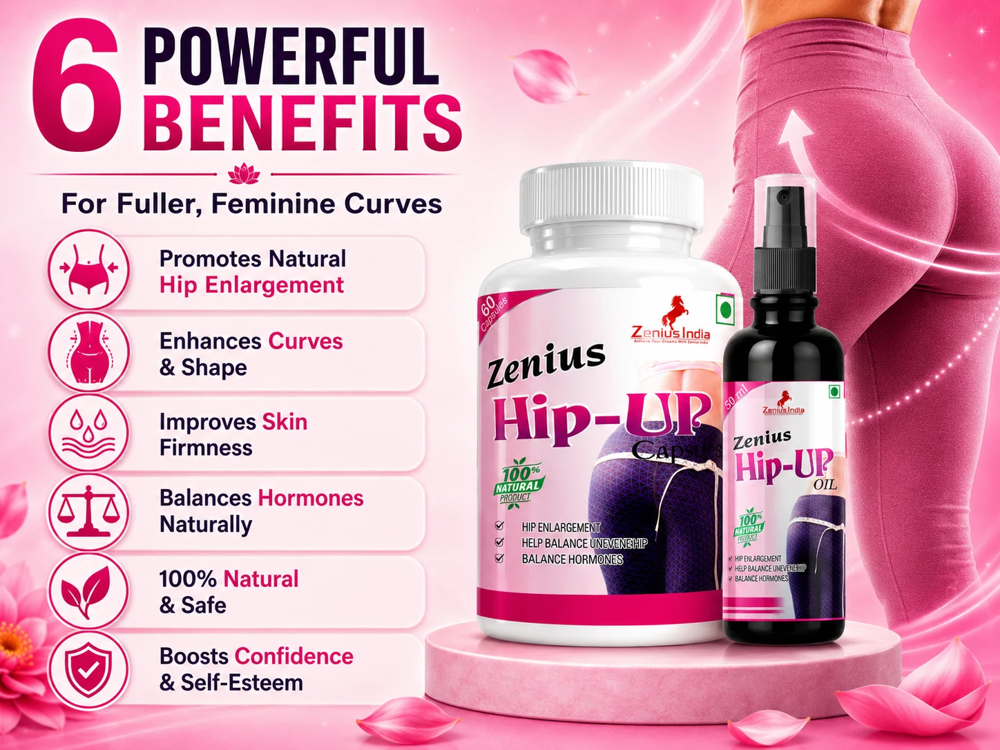 Zenius Hip Up Kit for Women's Hip Enlargement 3 Benefits Banner Mobile View 78 Zenius India