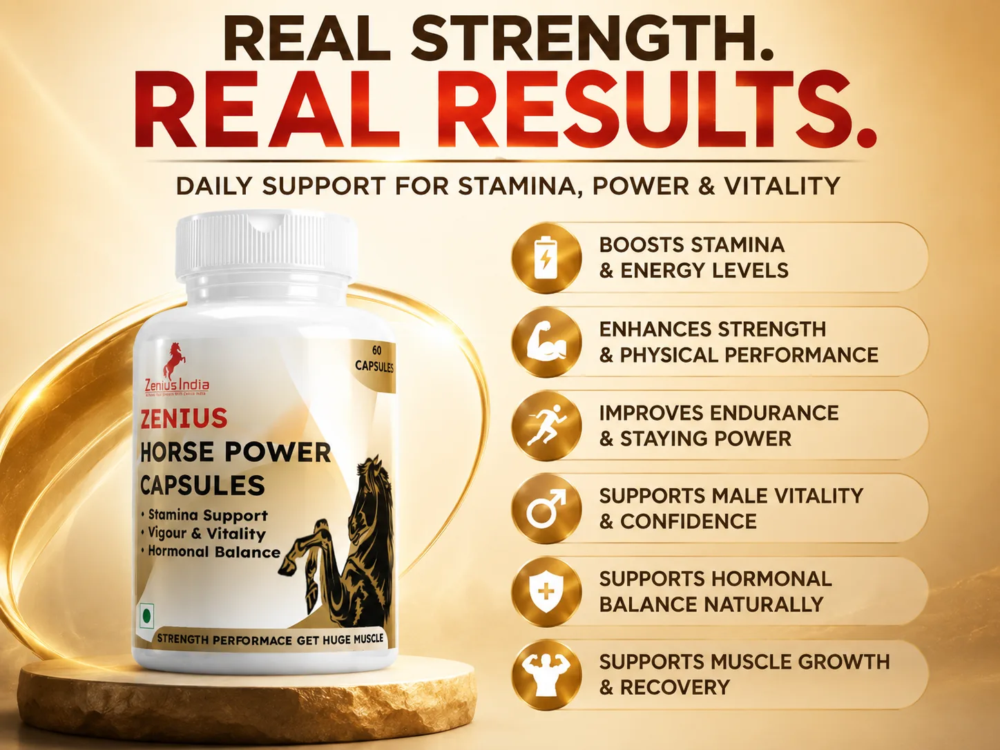 Zenius Horse Power Capsule for Men's Stamina, Power & Energy 3 Benefits Banner Mobile View 79 Zenius India