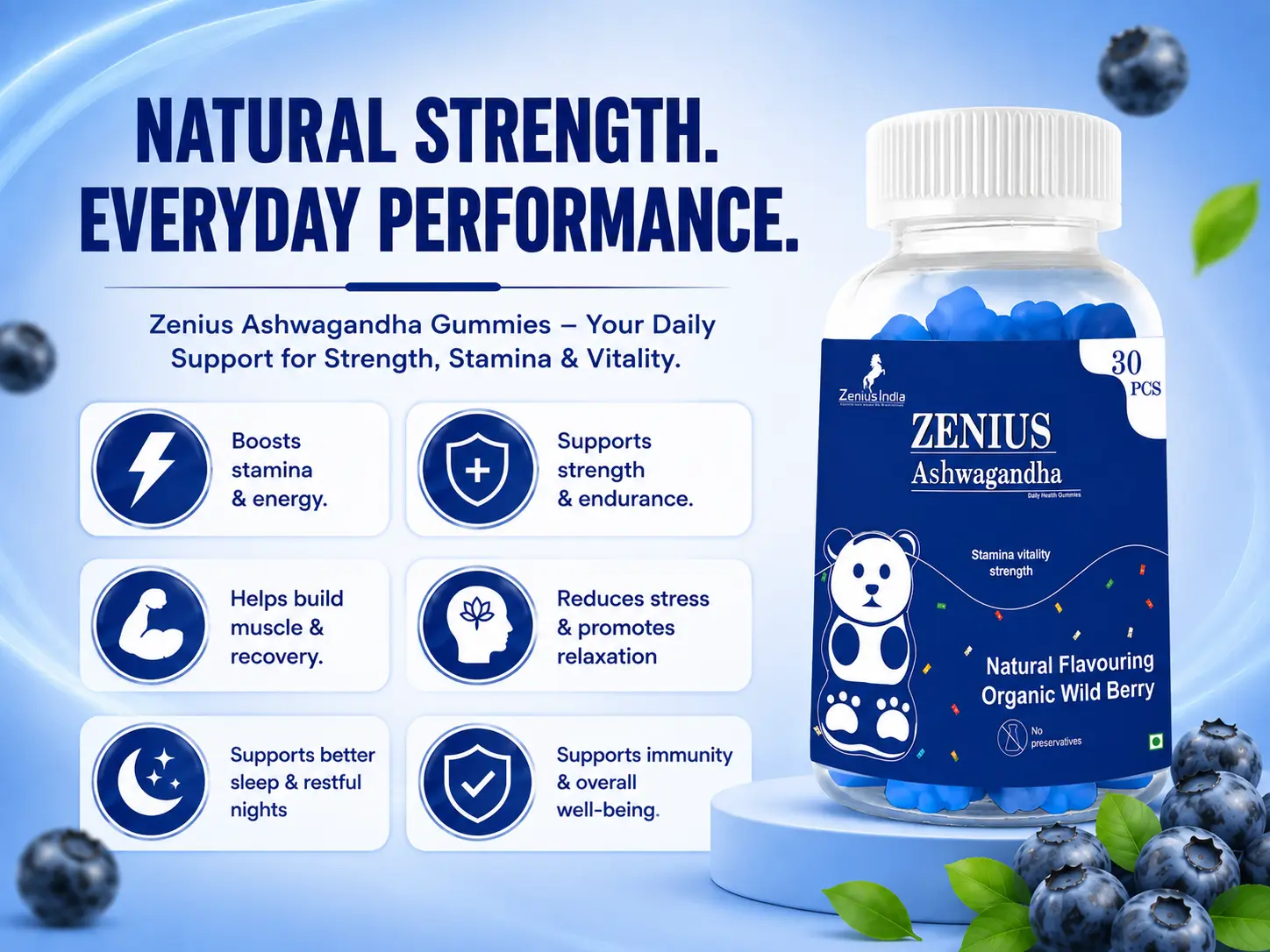 Zenius Ashwagandha Wild Berry Gummies for Stress & Energy Support 3 Benefits Banner Mobile View 8 Zenius India