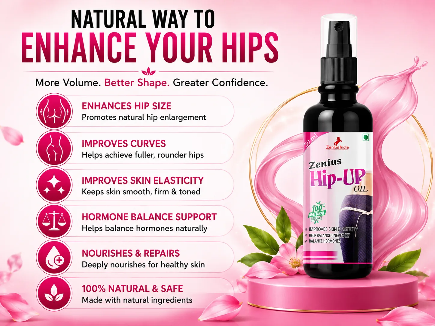 Zenius Hip Up Oil for Women's Butt Growth 3 Benefits Banner Mobile View 80 Zenius India