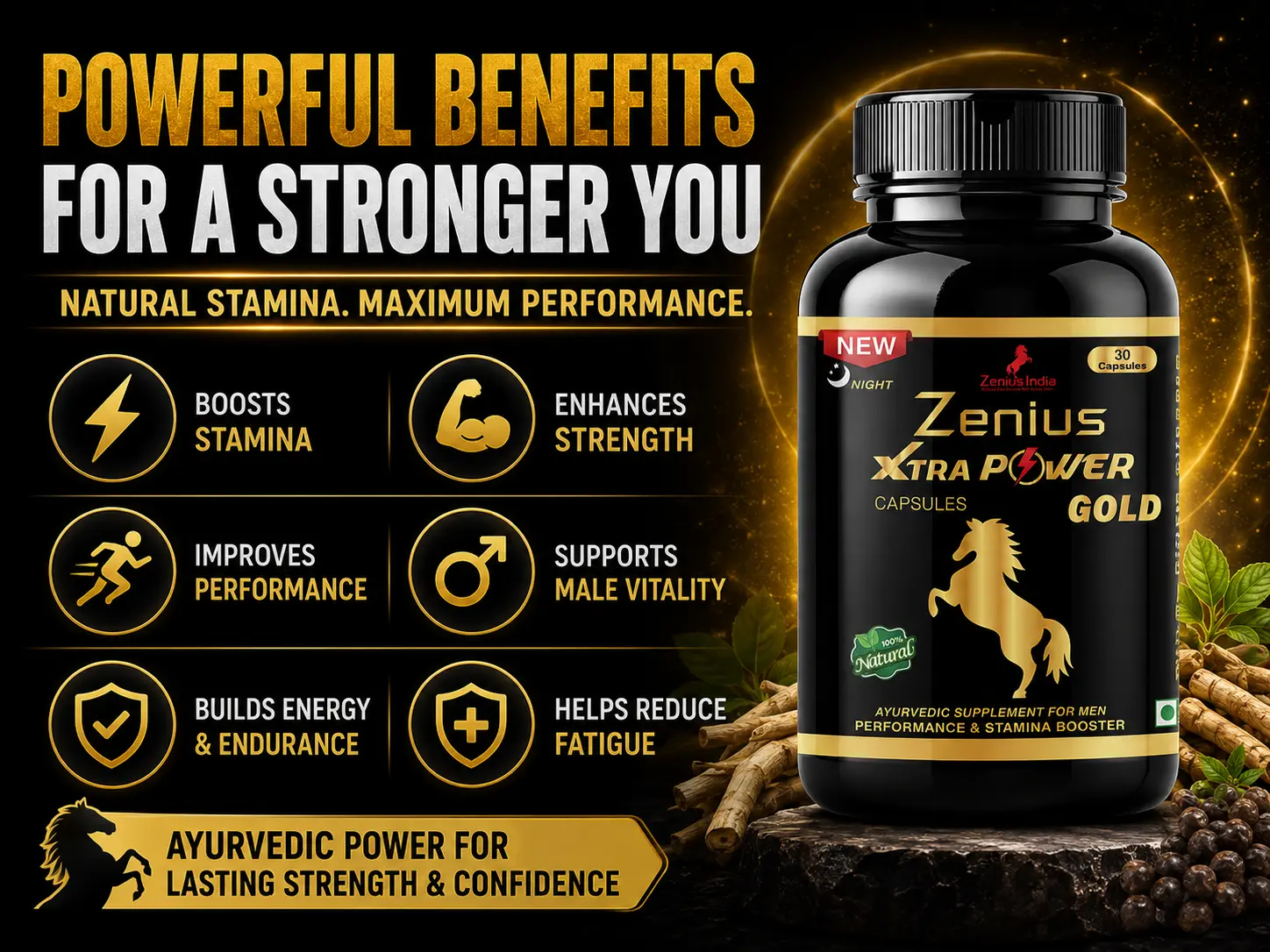 Zenius Xtar Power Gold Night Capsule for Men's Stamina 3 Benefits Banner Mobile View 84 Zenius India