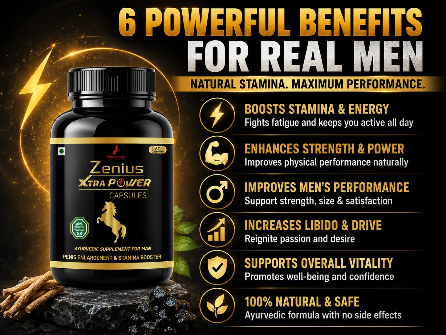 Zenius Xtra Power Capsule for Men's Stamina Wellness 3 Benefits Banner Mobile View 85 Zenius India