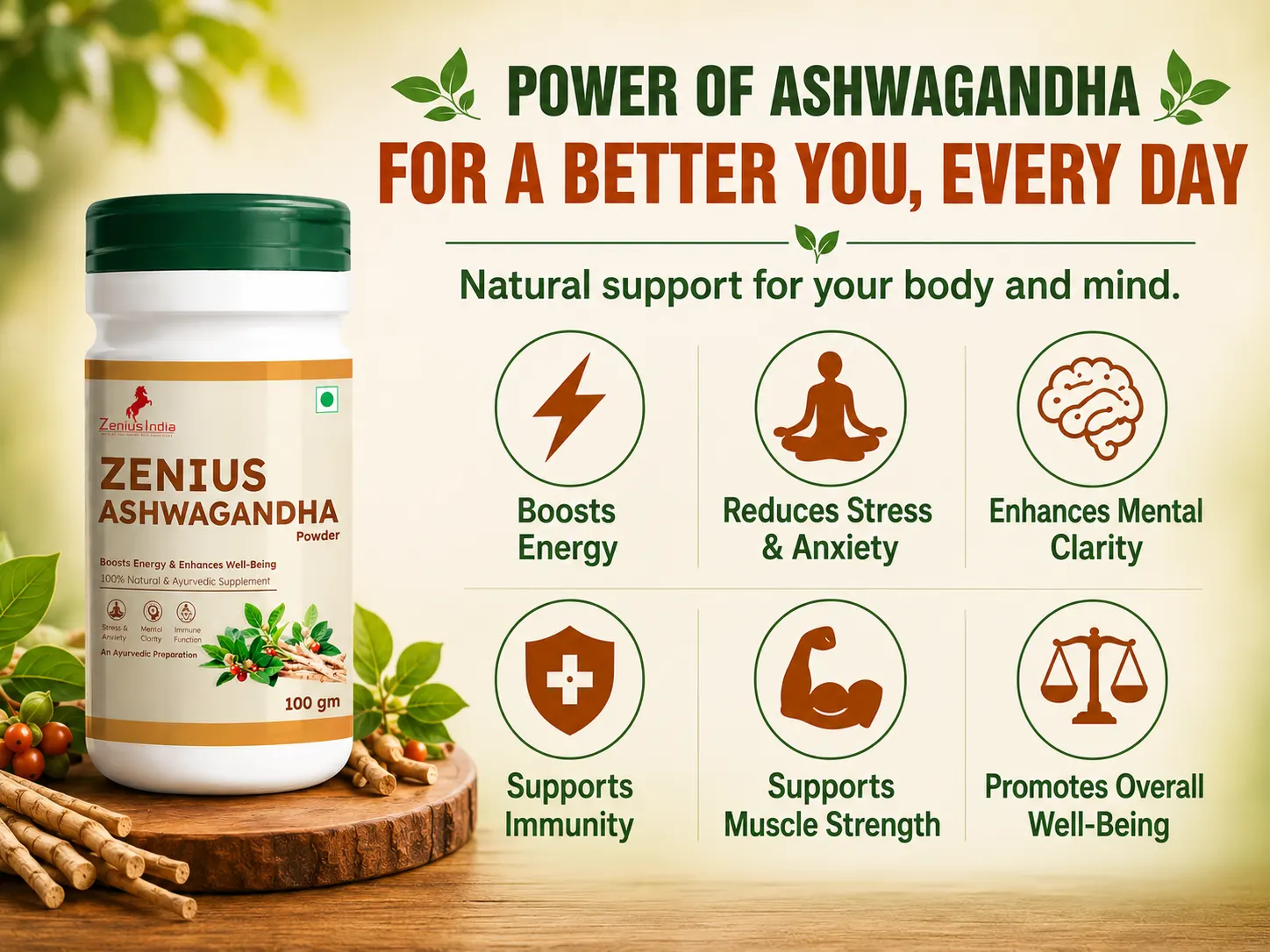 Zenius Ashwagandha Powder for Energy & Wellness 3 Benefits Banner Mobile View 9 Zenius India