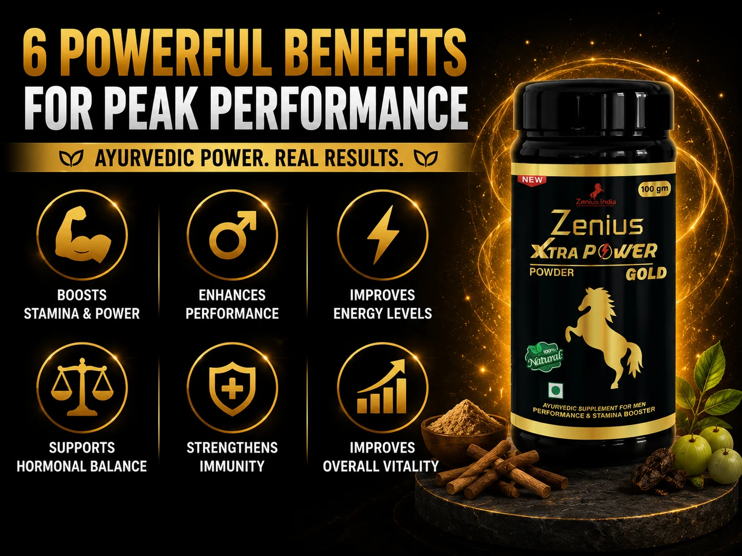 Zenius Xtra Power Gold Powder for Men's Energy & Stamina 3 Benefits Banner Mobile View 90 Zenius India