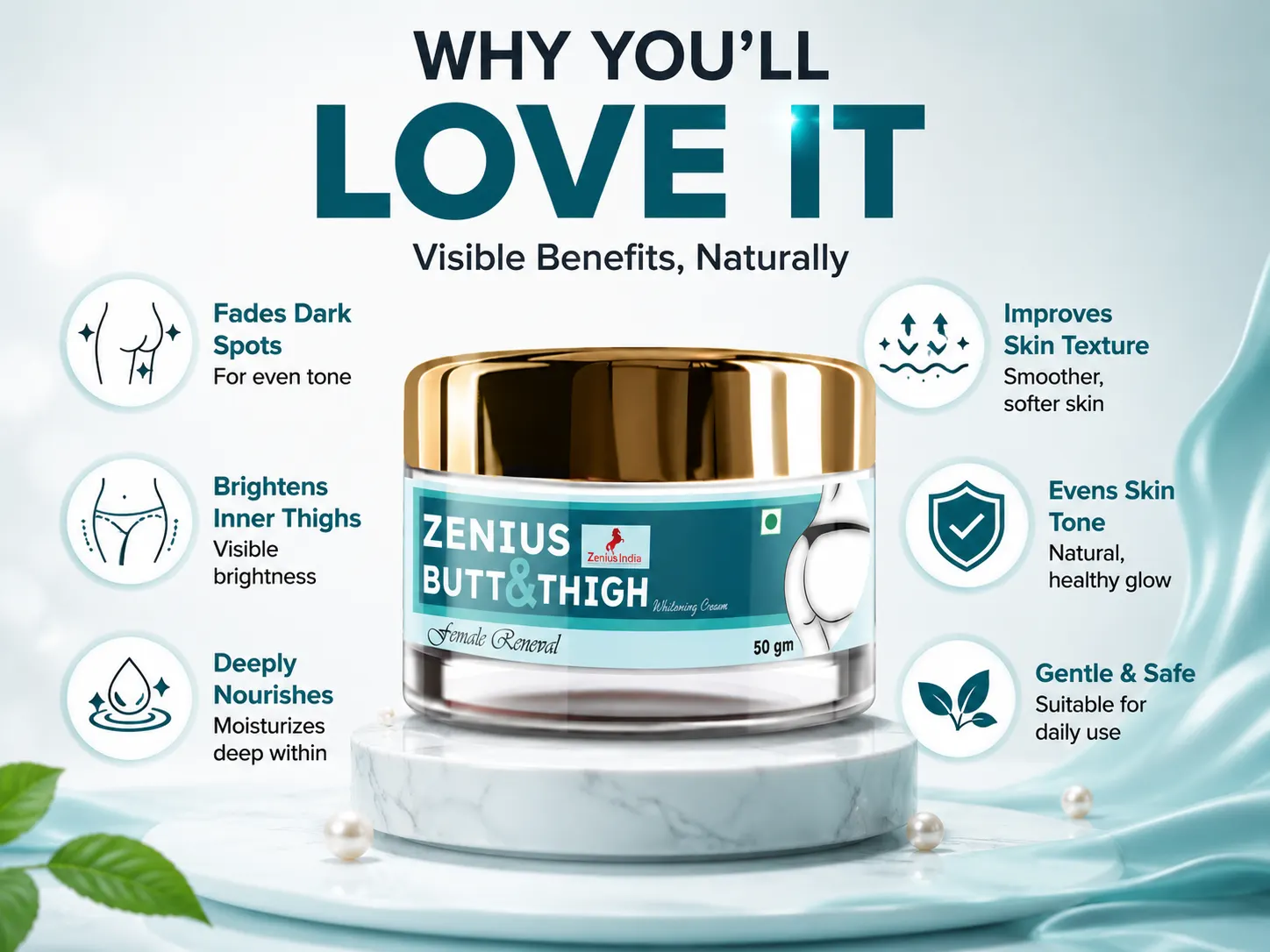 Zenius Butt & Thigh Cream for Dark Spots & Uneven Skin Tone 3 Benefits Banner Mobile View 97 Zenius India